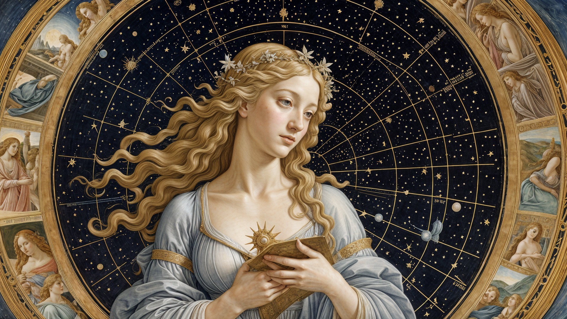 Woman with flowing hair in a celestial setting