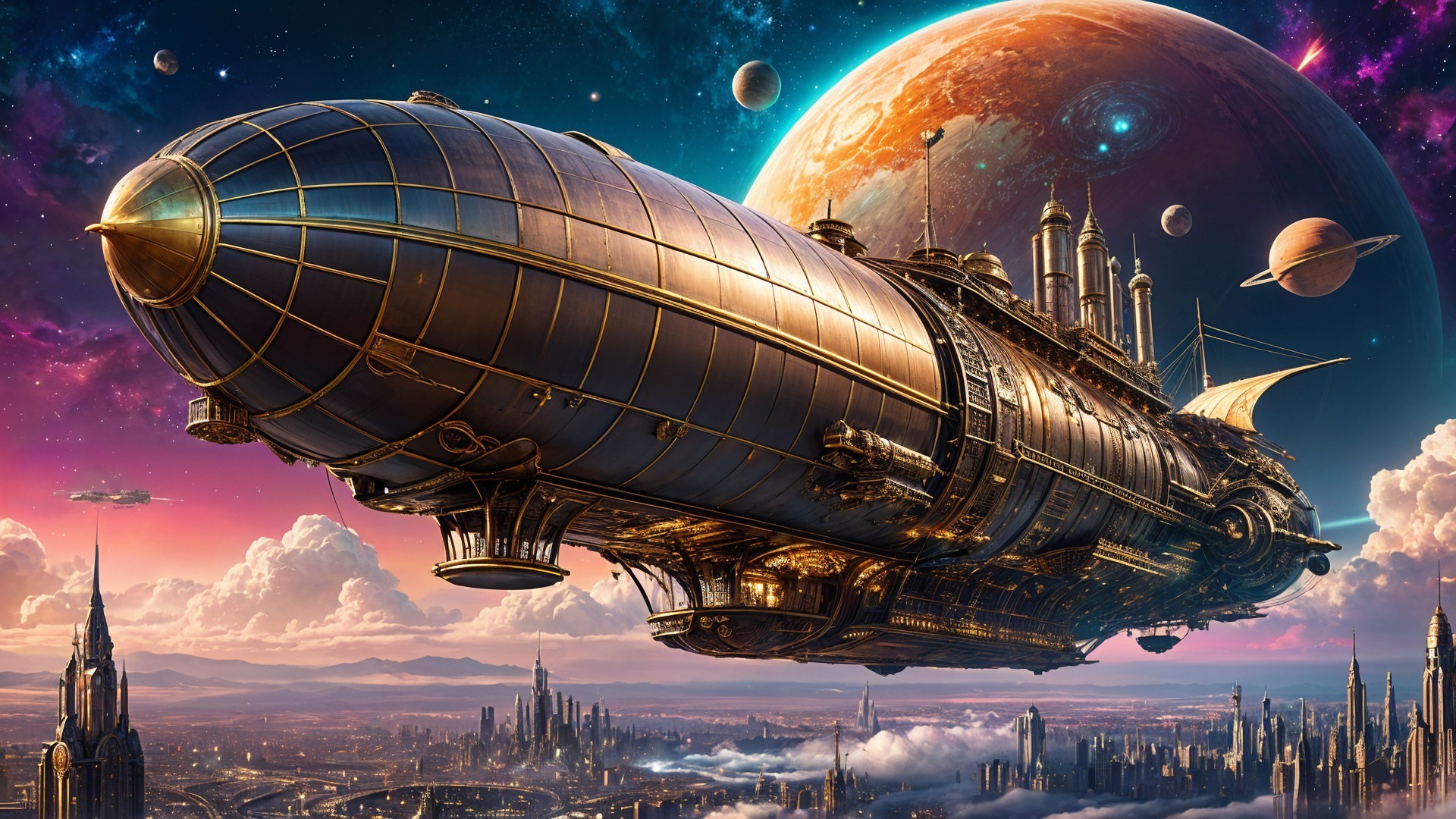Steampunk Airship in a Cosmic Fantasy Landscape