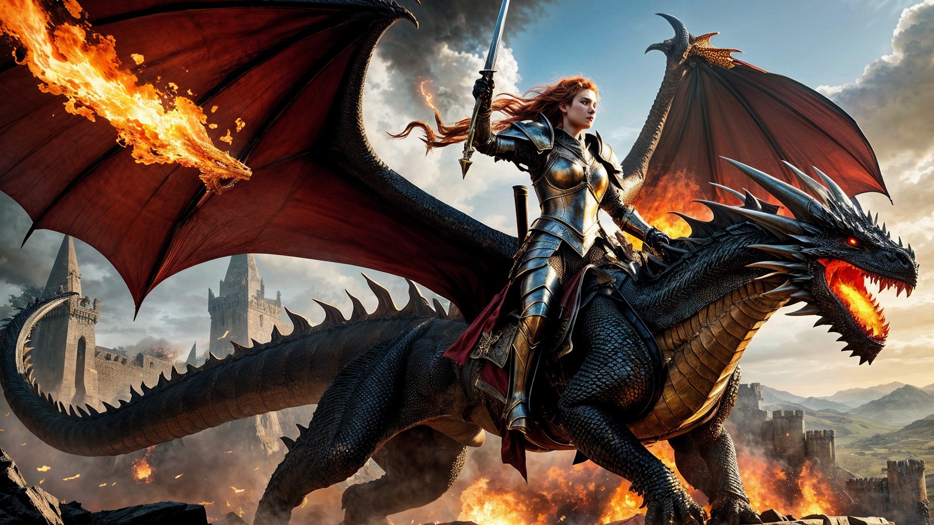 Fierce Warrior Woman on Fire-Breathing Dragon in Fantasy