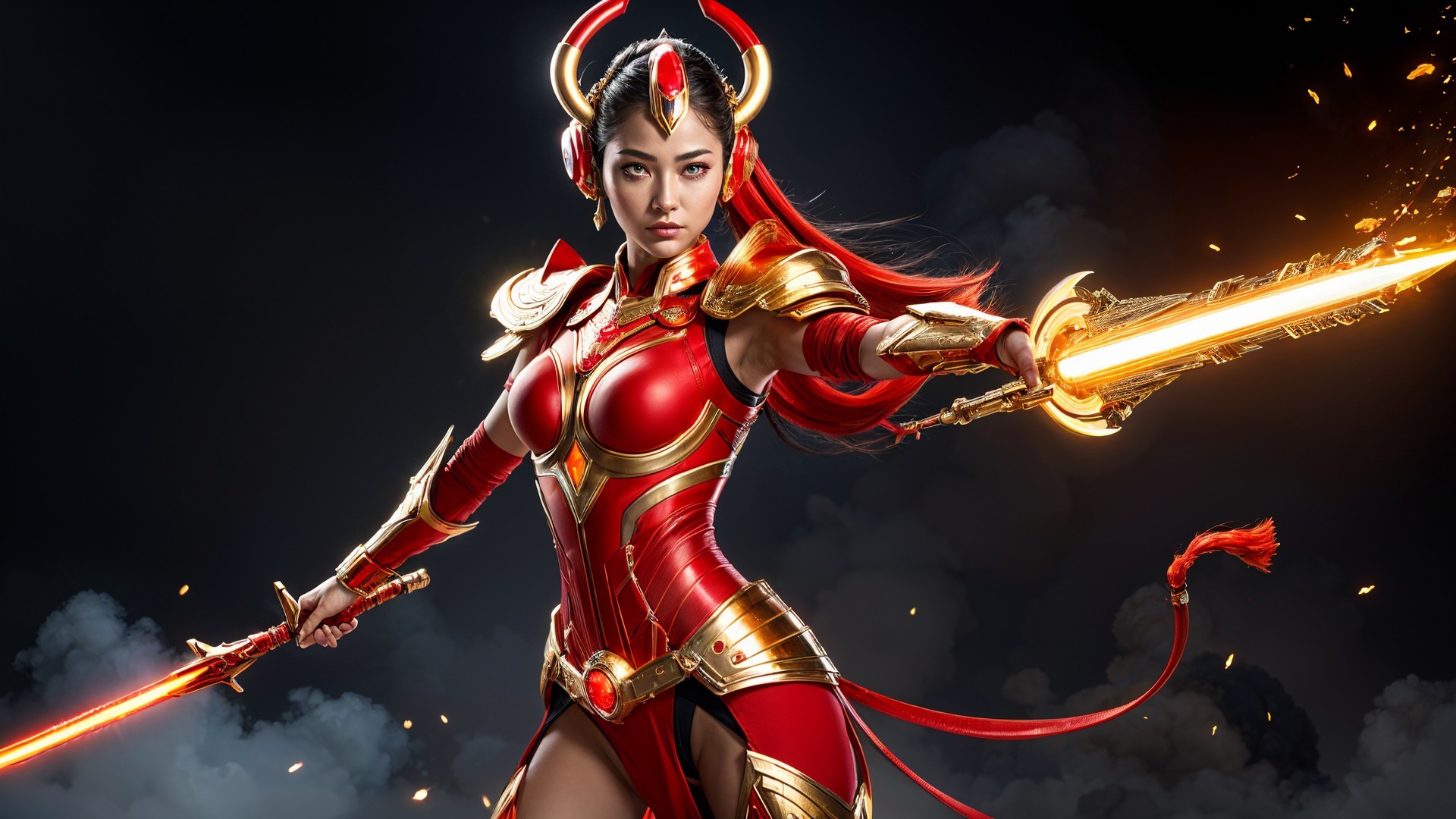 Fierce warrior in red and gold armor with sword