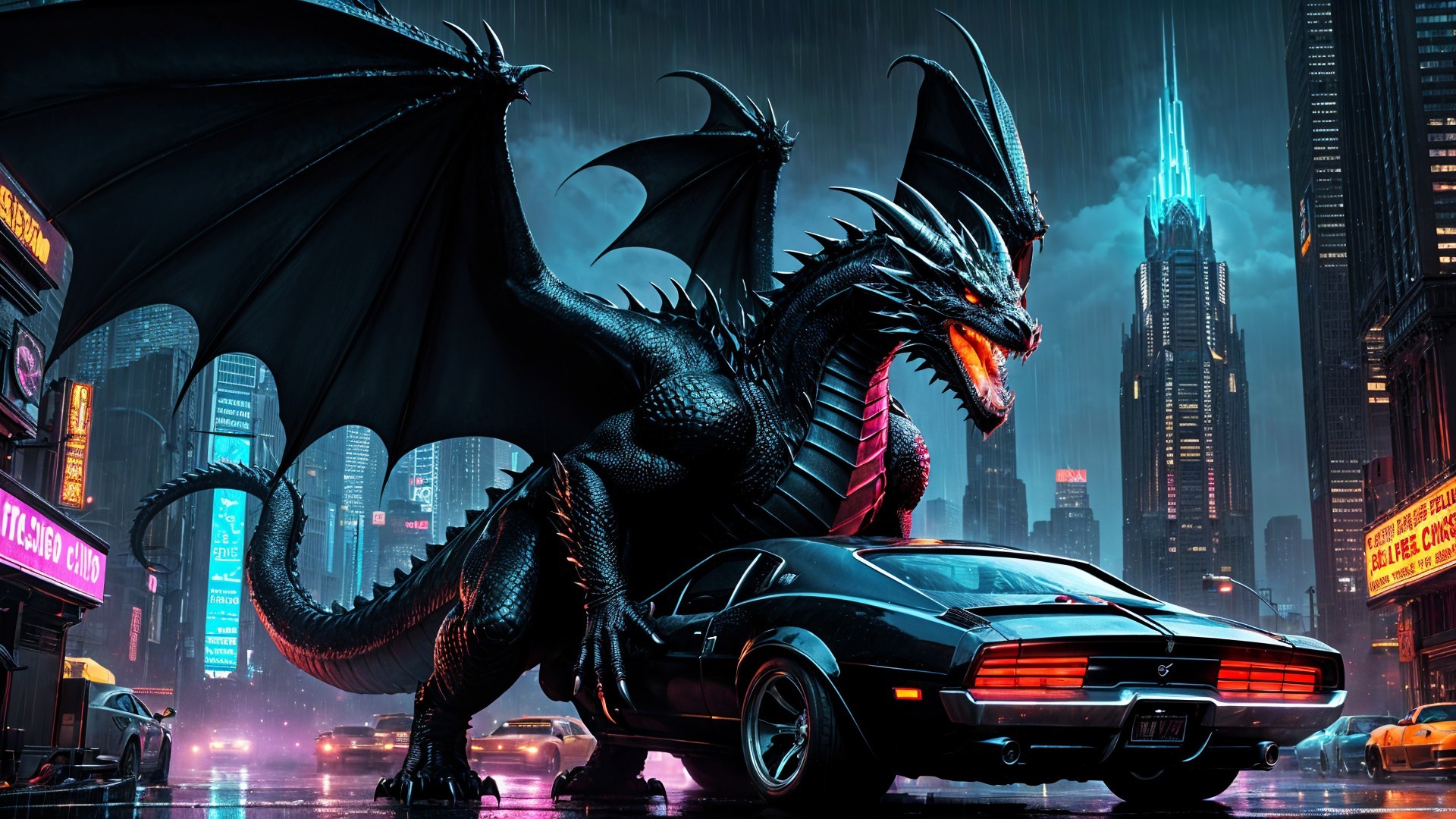 Black Dragon Over Vintage Car in Neon Cityscape