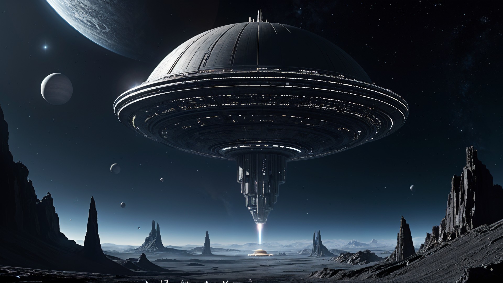 Futuristic spacecraft above alien landscape with stars