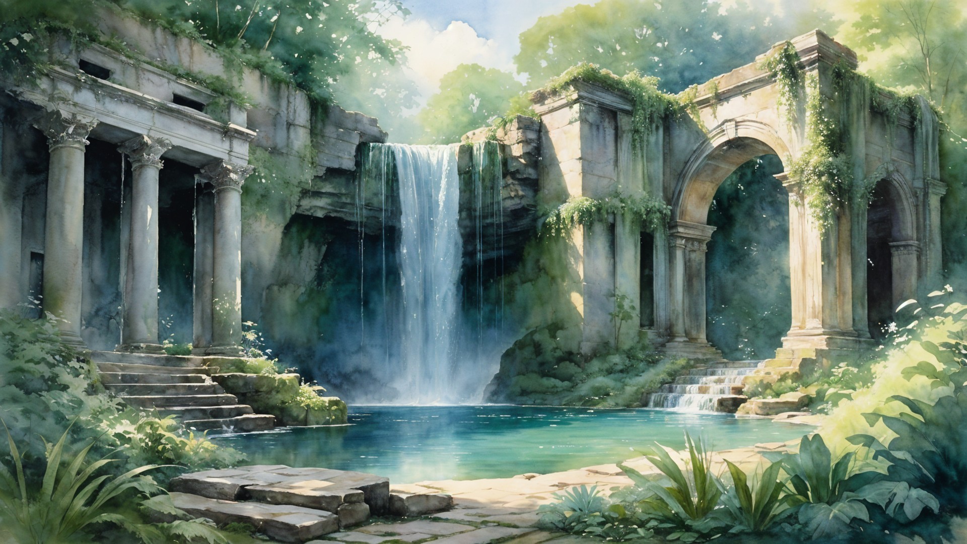 Waterfall and Ancient Ruins in Lush Greenery