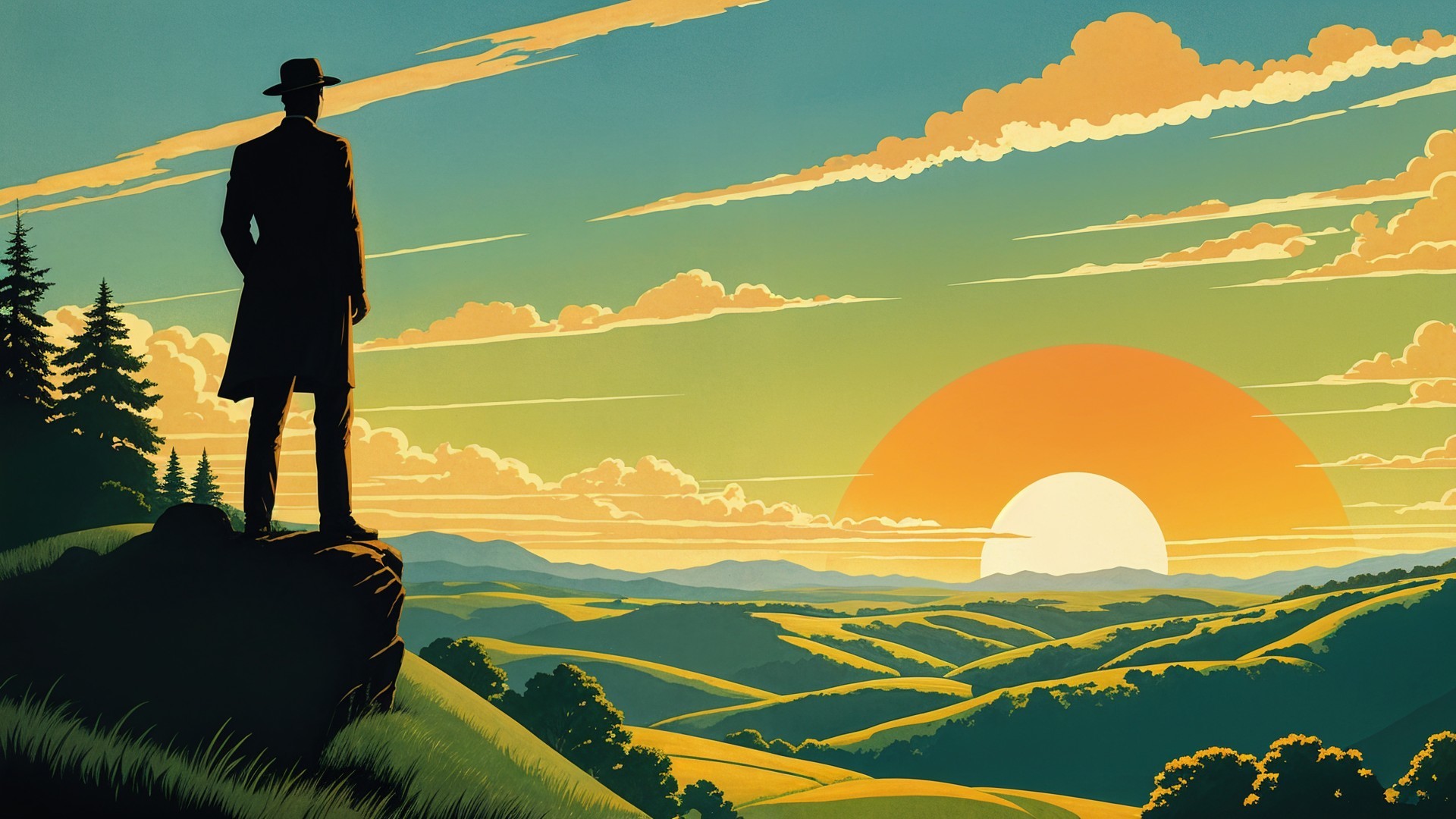 Silhouetted Figure Overlooking Serene Sunset Landscape