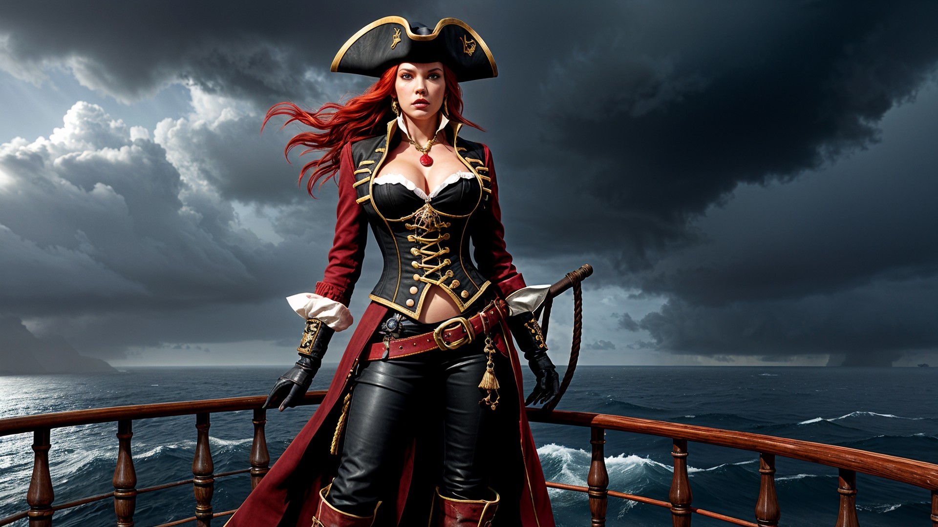 Fierce Pirate on Ship Deck with Dramatic Clouds