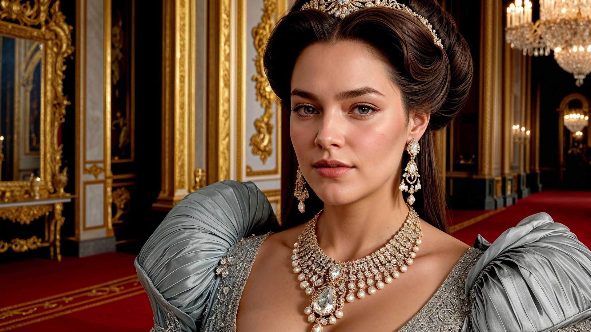 Elegant woman in silver gown with luxurious accessories