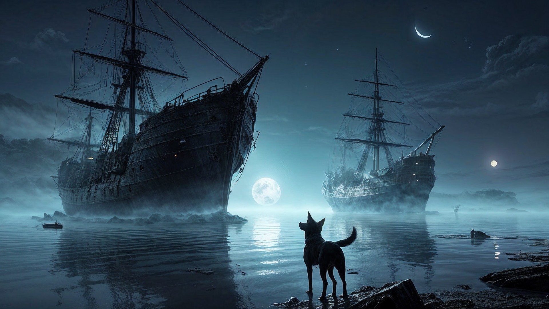 Moonlit Scene with Ships and Dog on Rocky Shore