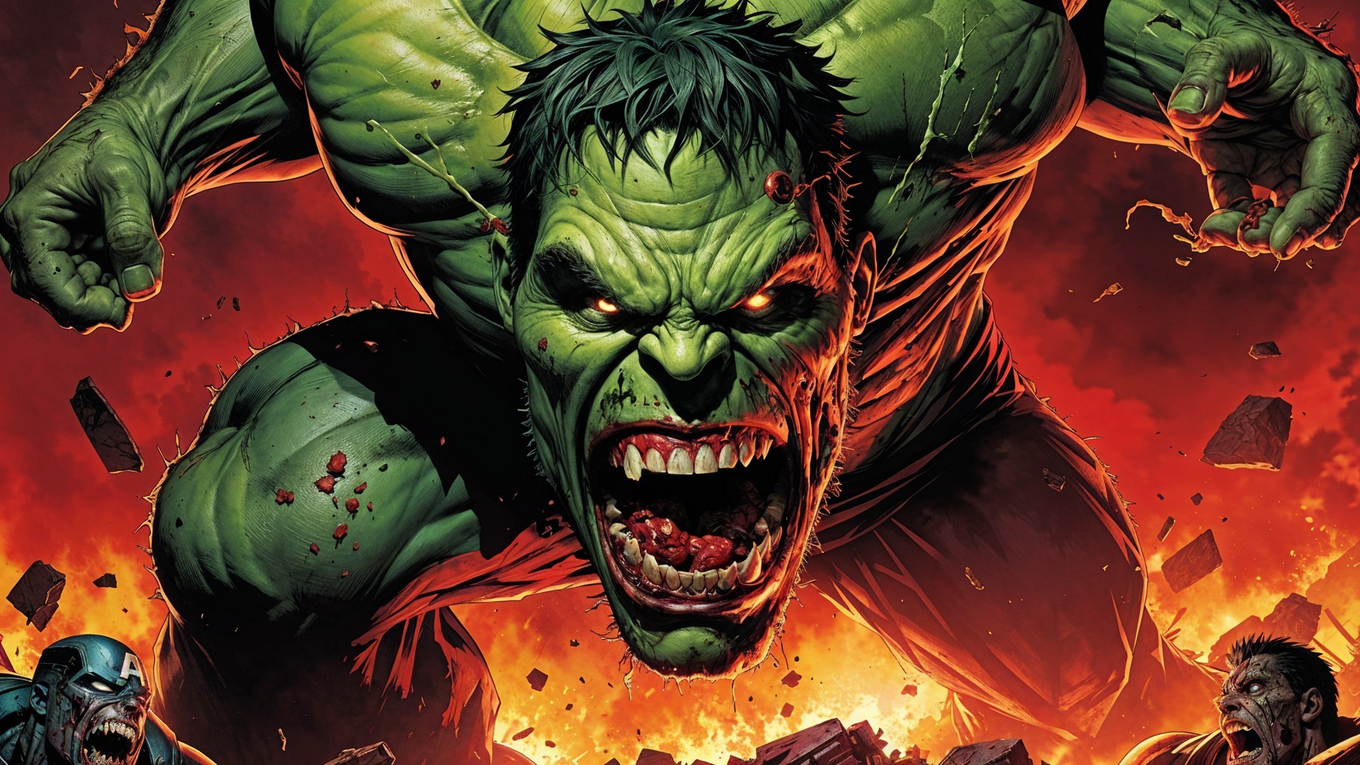 Muscular Green Figure with Intense Rage and Fire