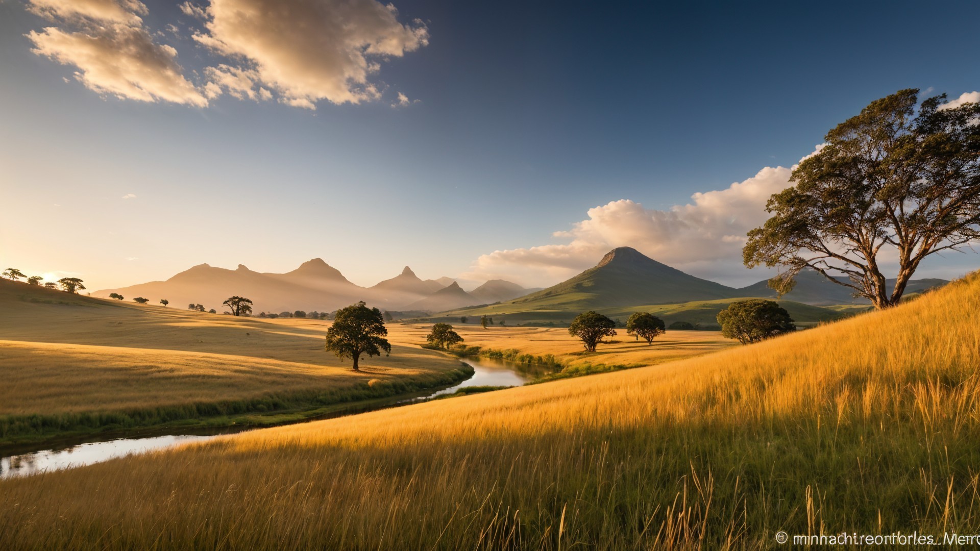 Serene Landscape of Hills and Mountains Under Golden Sky