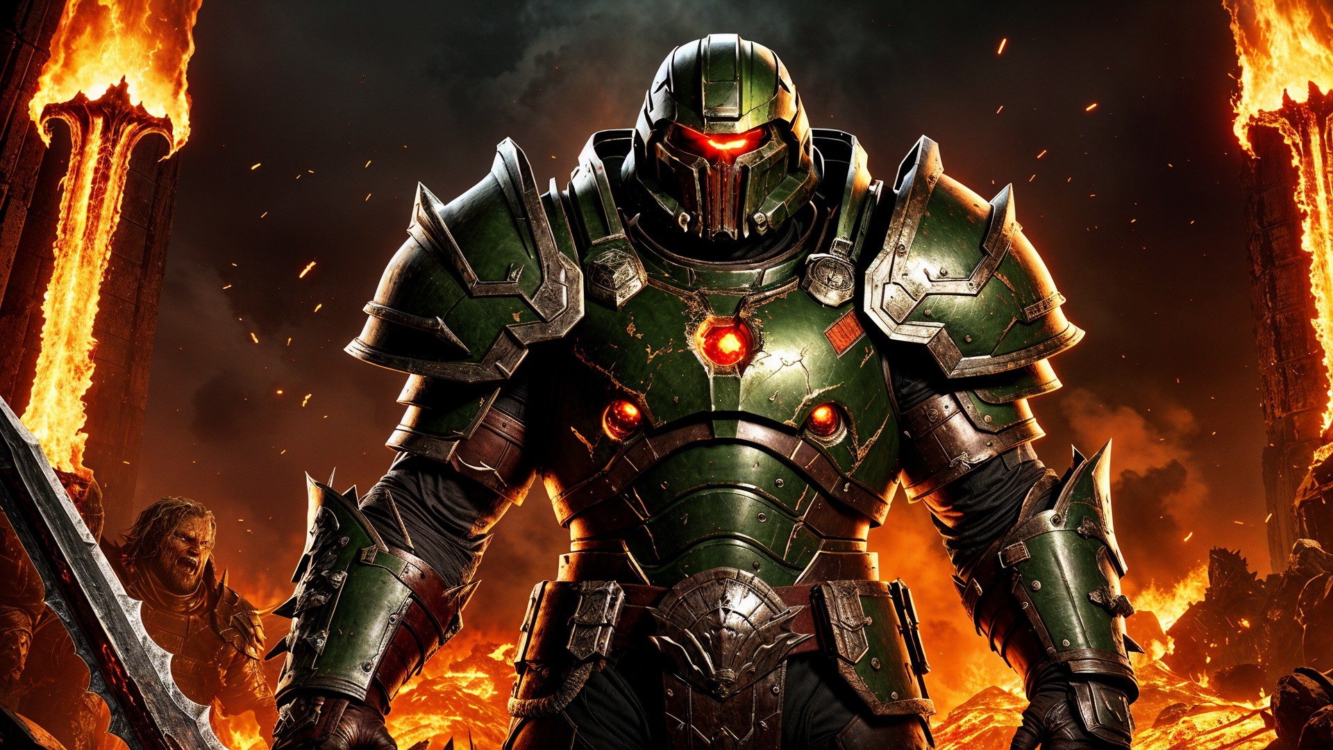 Armored Warrior in Fiery Battlefield Landscape
