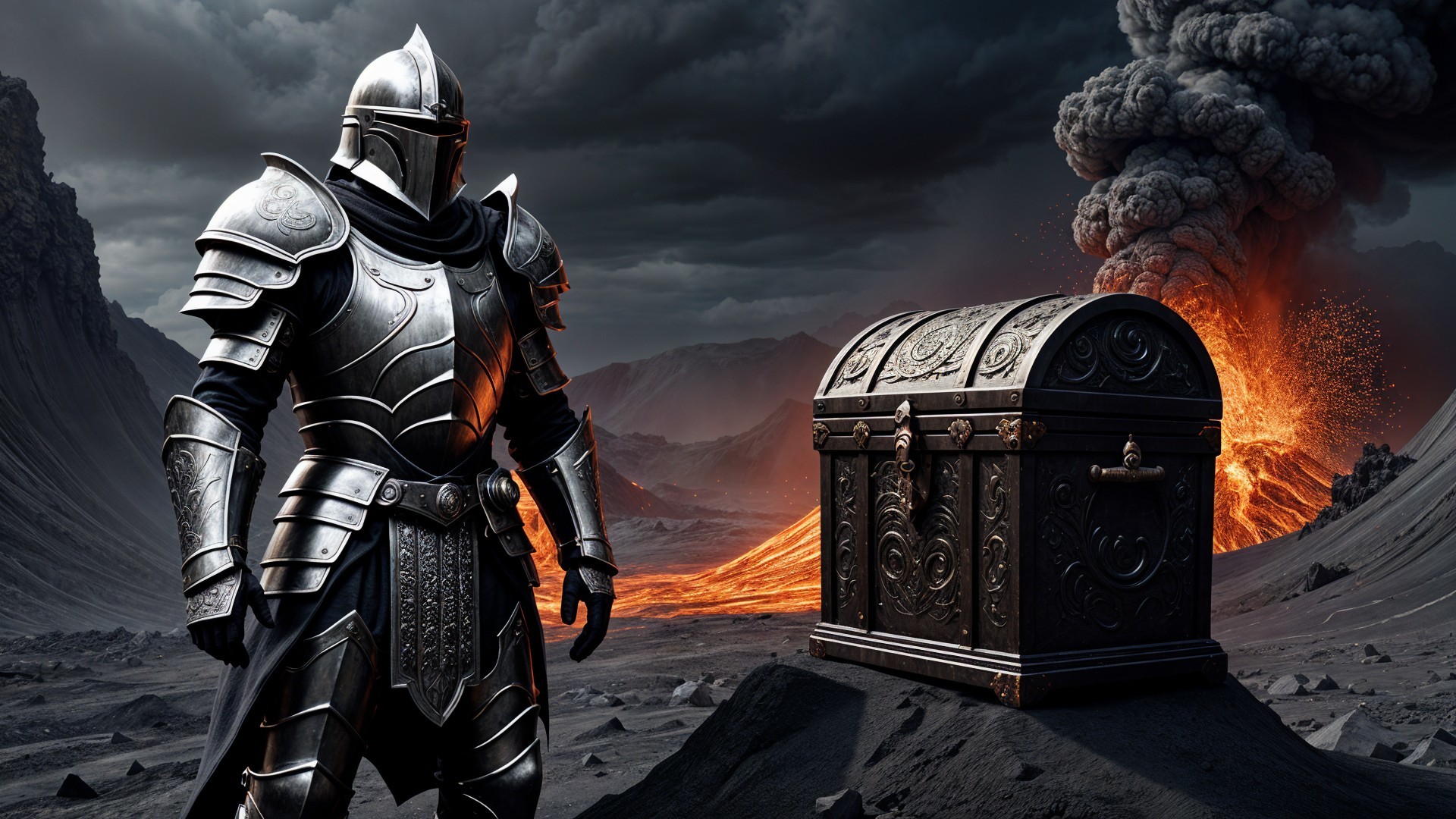 Knight in Armor Against Volcanic Eruption Background