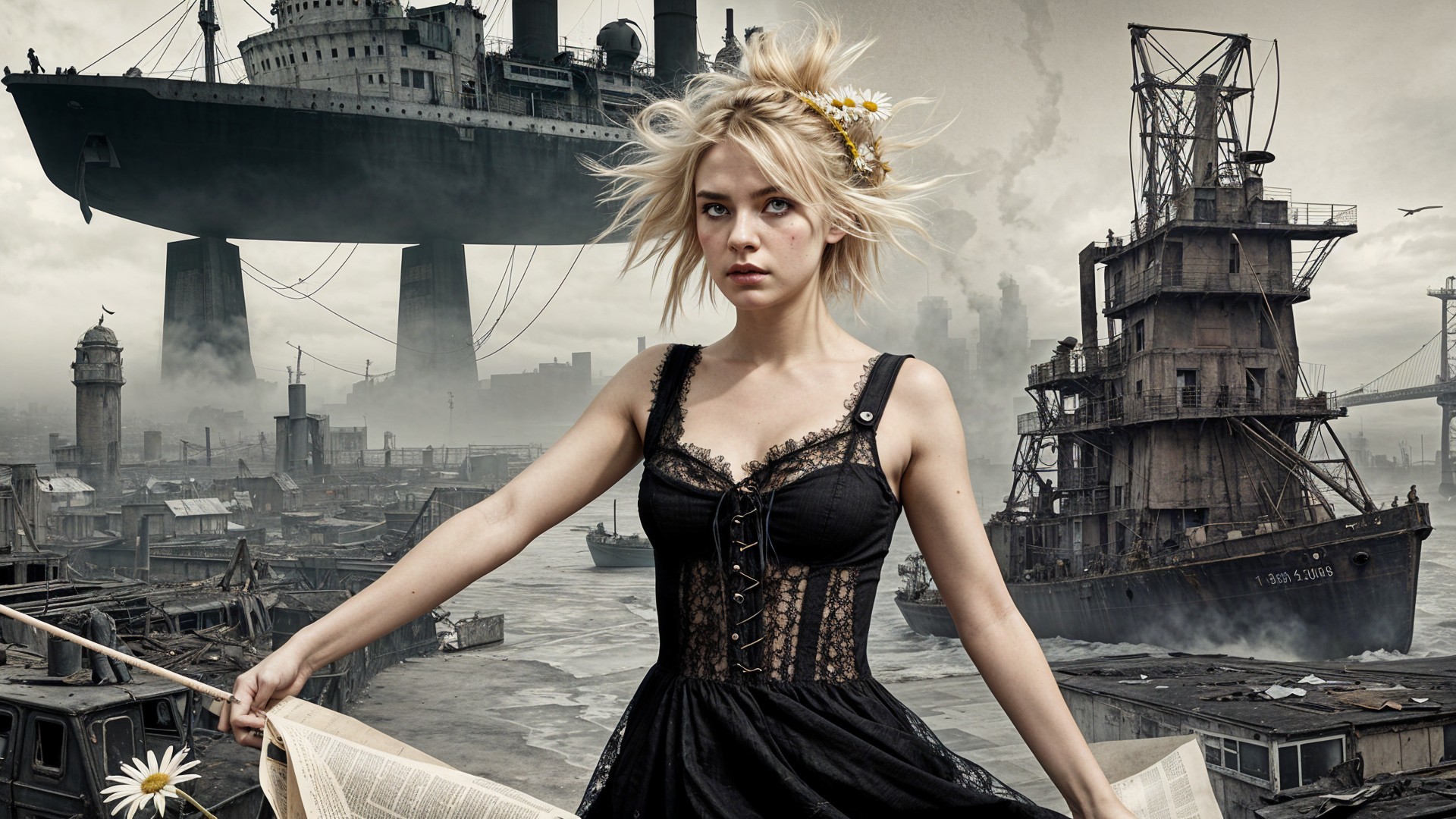 Young Woman in Black Gown in Dystopian Landscape
