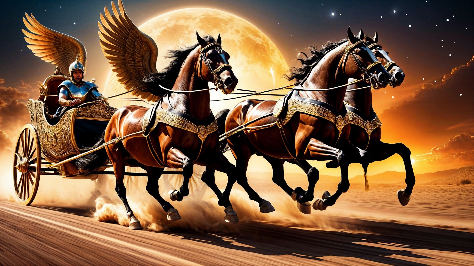 Winged Chariot Race Across Desert Landscape at Night