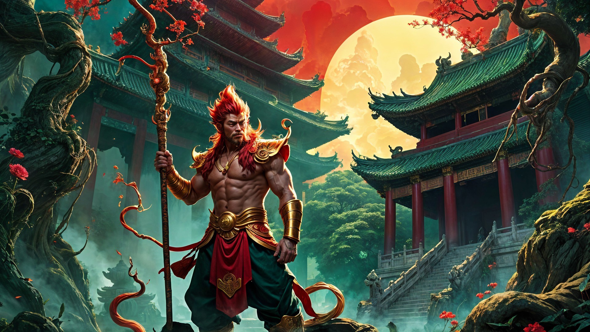 Warrior in Vibrant Landscape with Mystical Elements