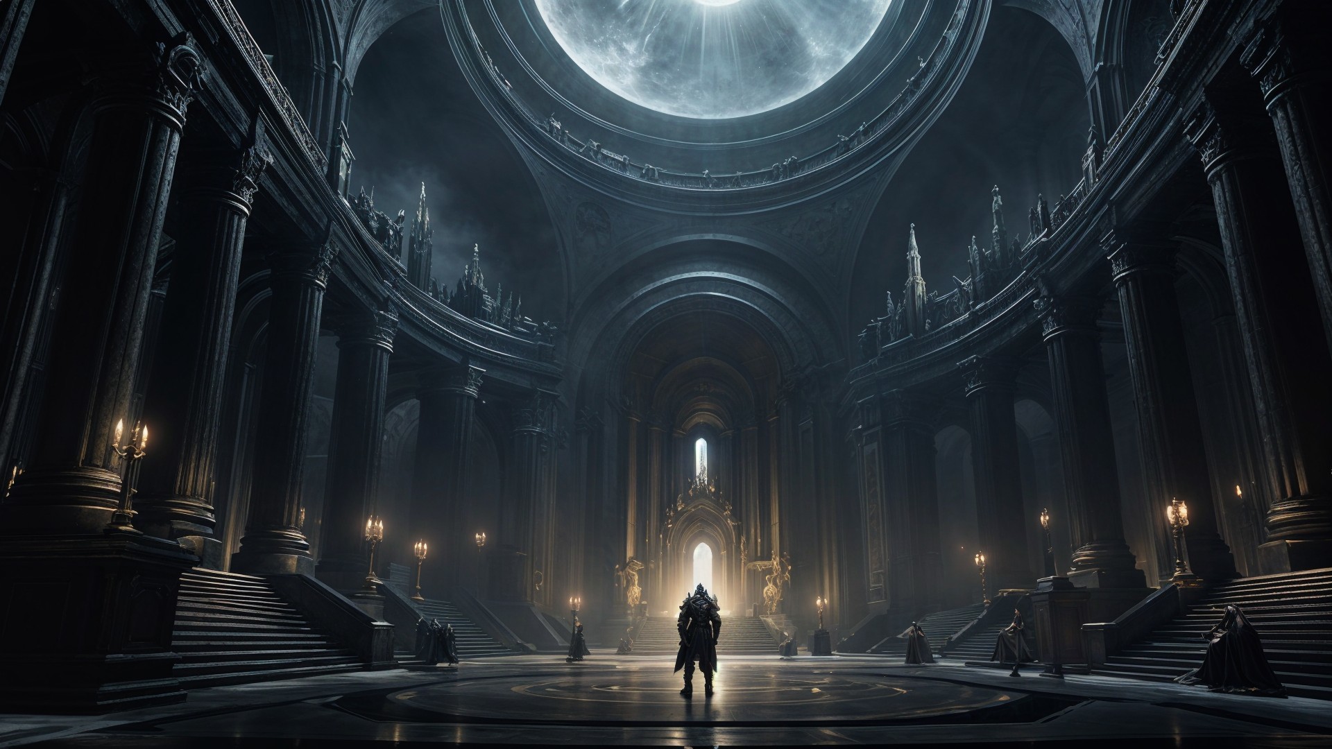 Lone Figure in Ornate Armor in Grand Cathedral Space