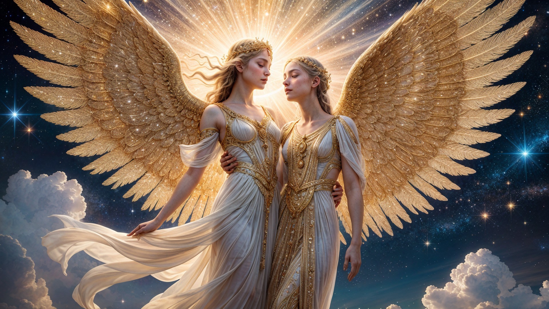 Ethereal Figures with Golden Wings in Starry Light