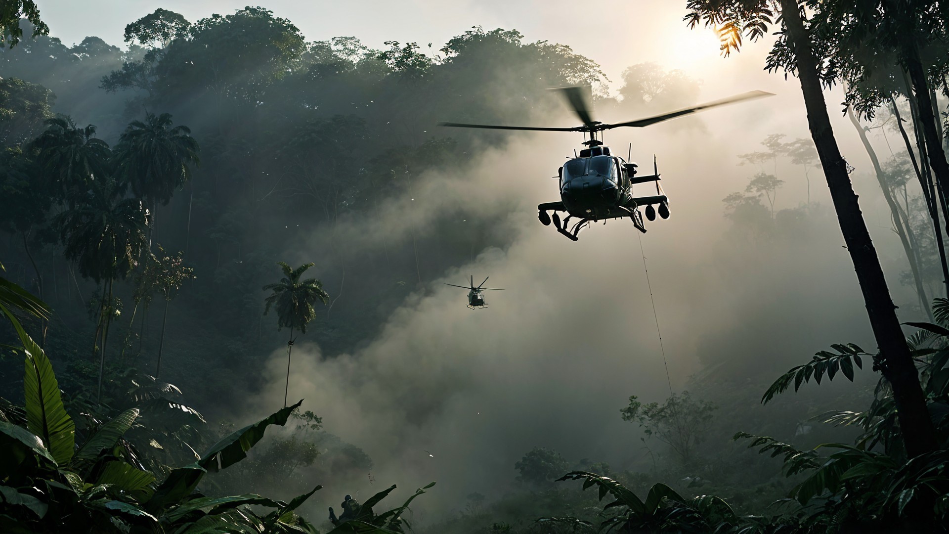 Helicopters Flying Low in Tropical Forest at Dawn