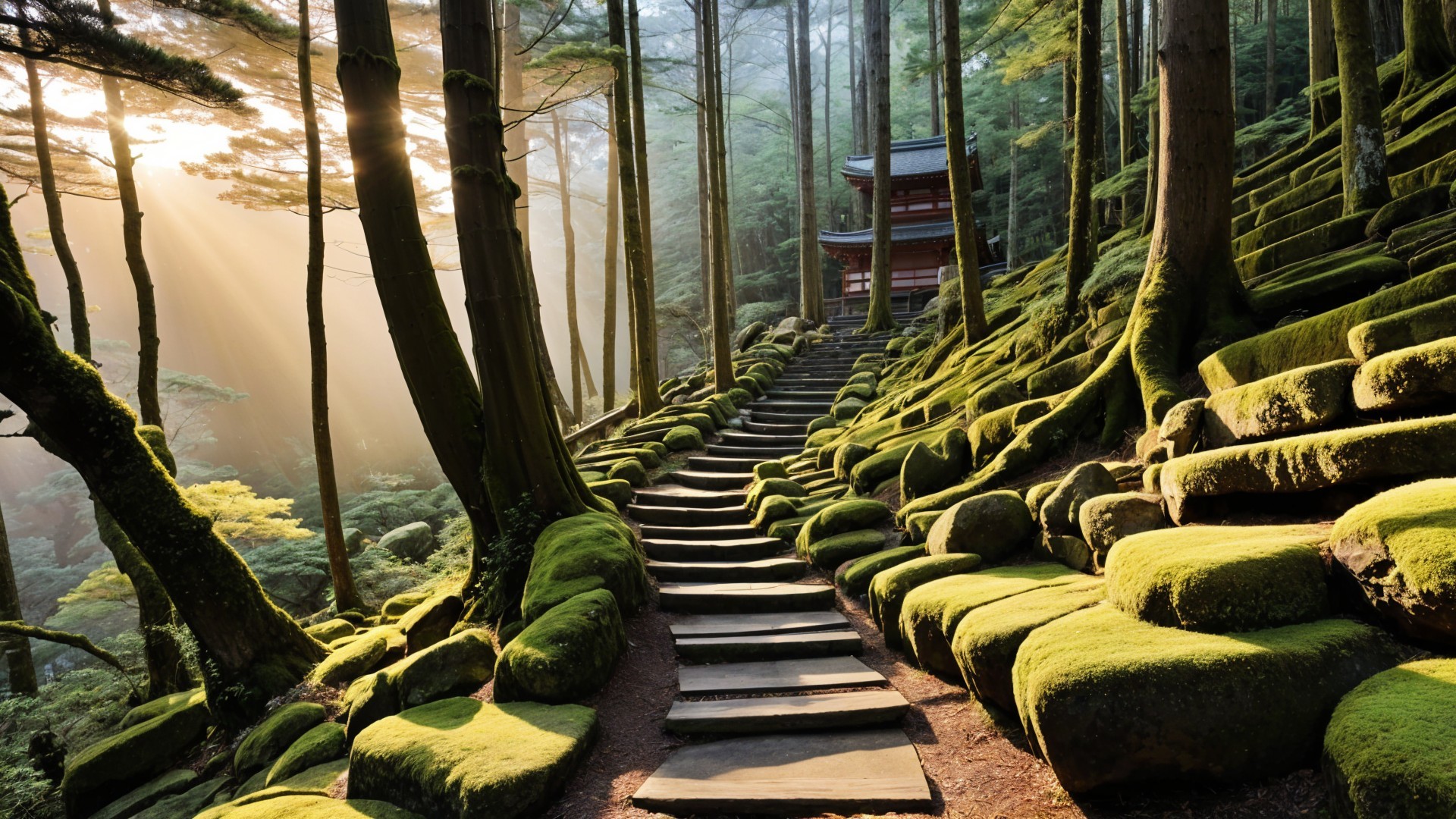 Serene forest scene with sunlight and stone pathway