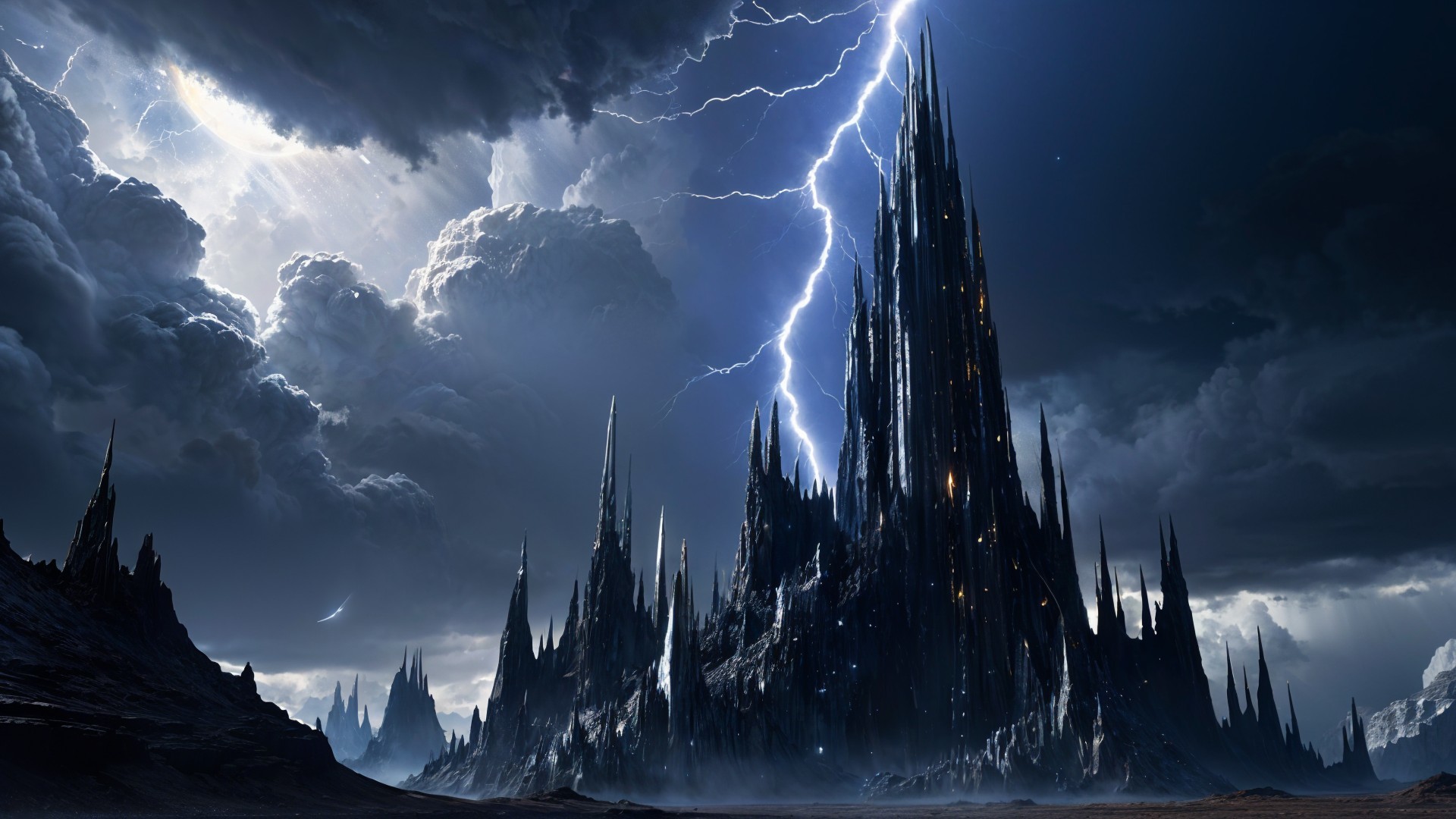 Dramatic Landscape with Jagged Spire and Stormy Sky