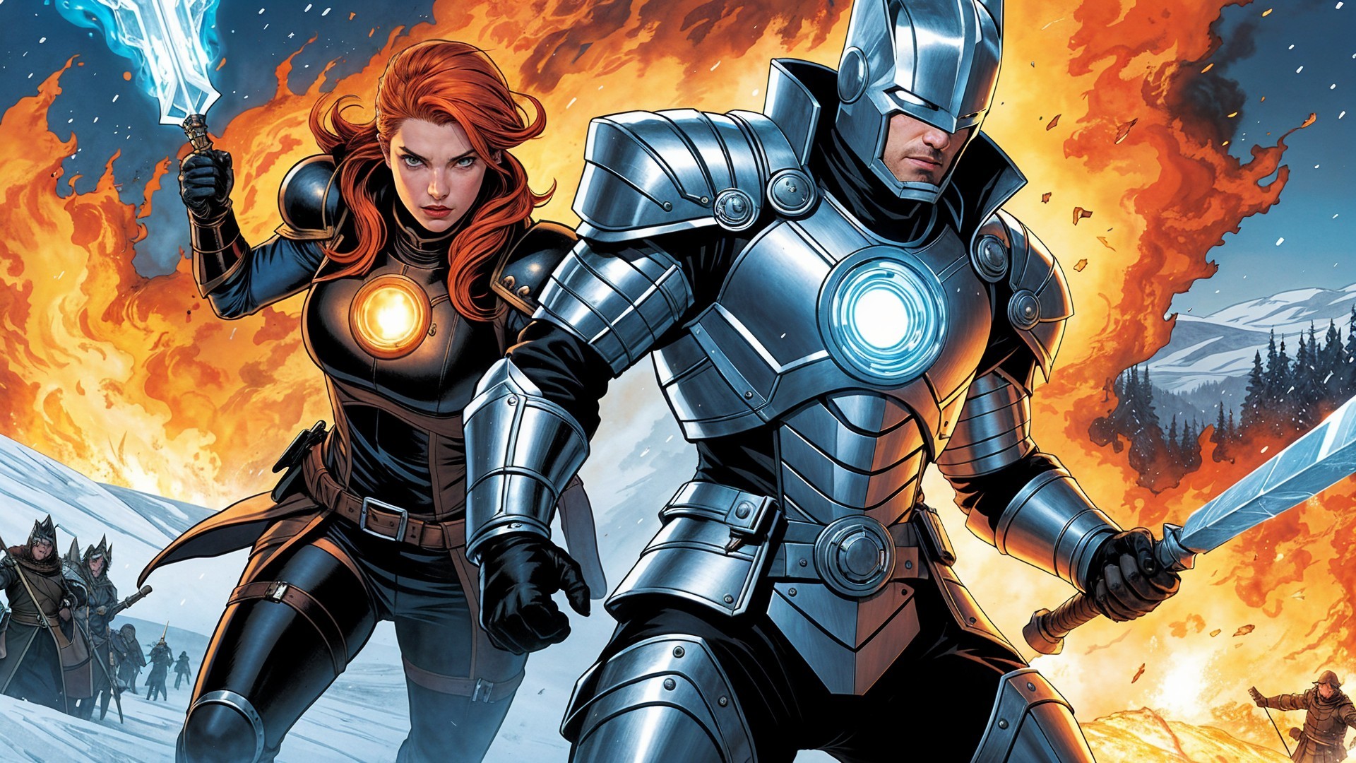 Superheroes in Battle with Explosions and Snowy Landscape
