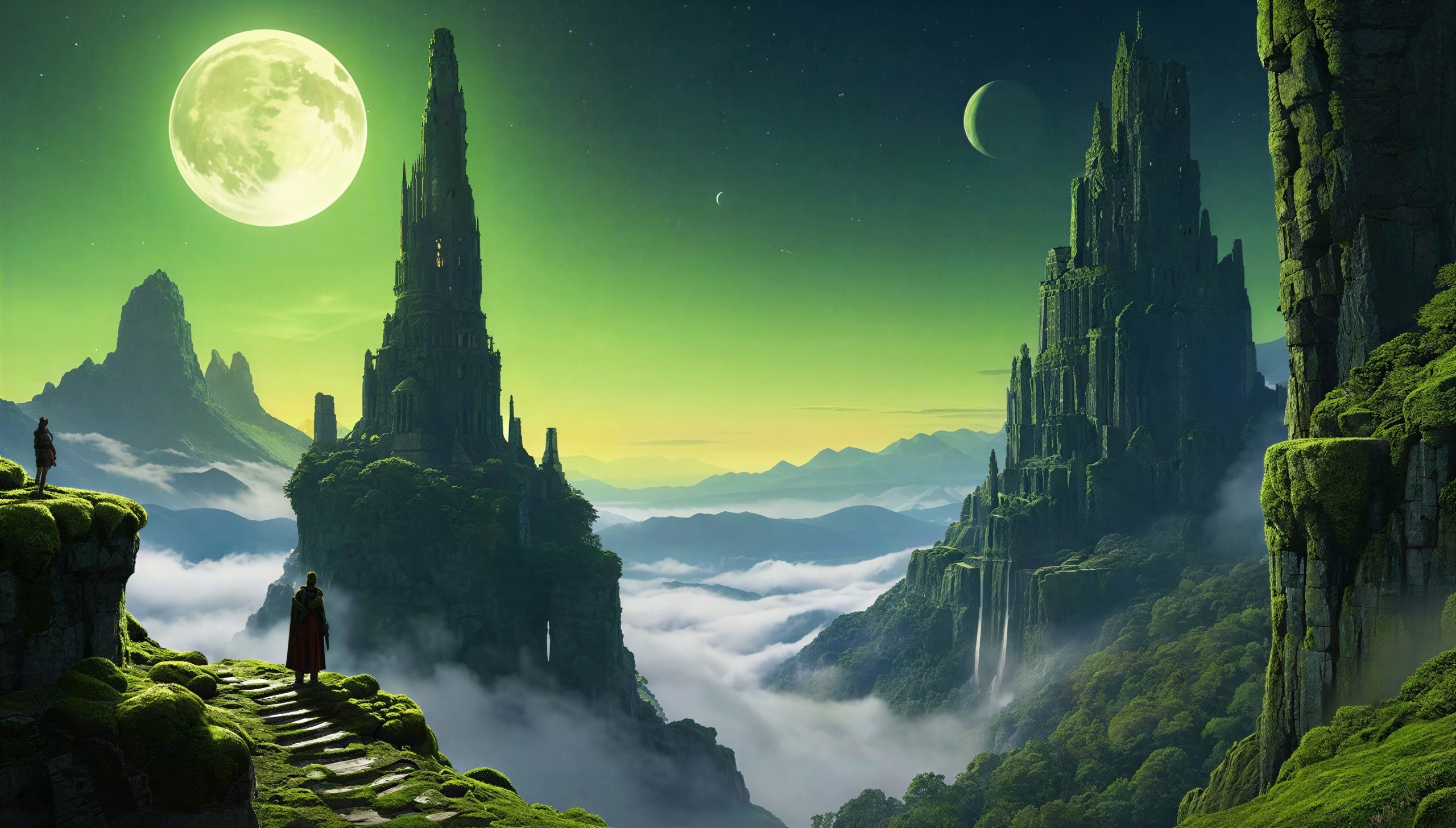Lush Fantasy Landscape with Full Moon and Castles
