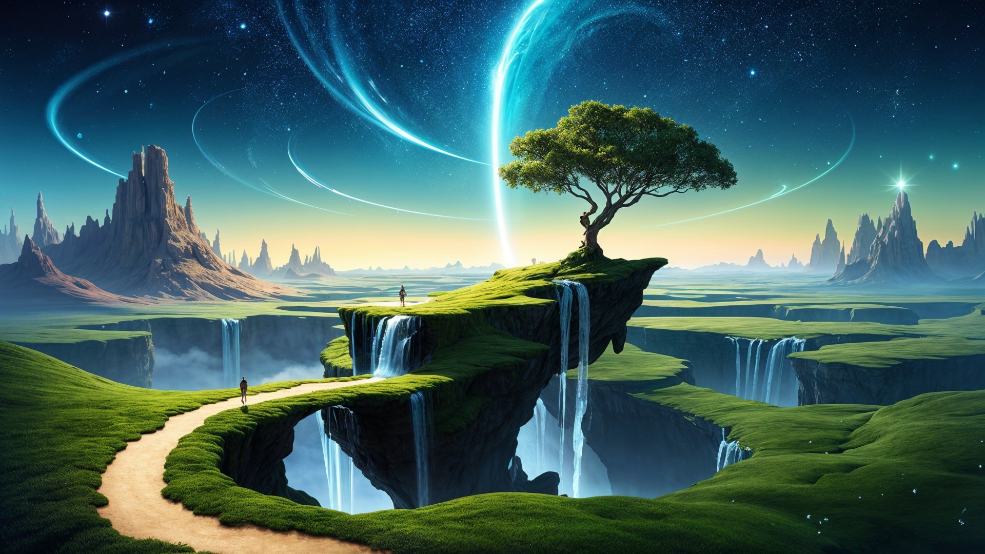 Surreal Landscape with Floating Island and Waterfalls