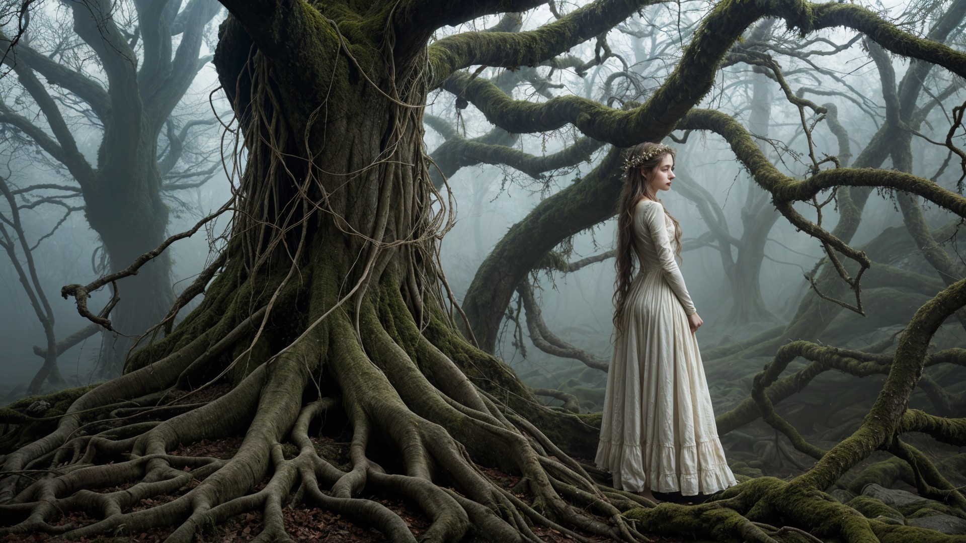 Young woman by gnarled tree in enchanted forest