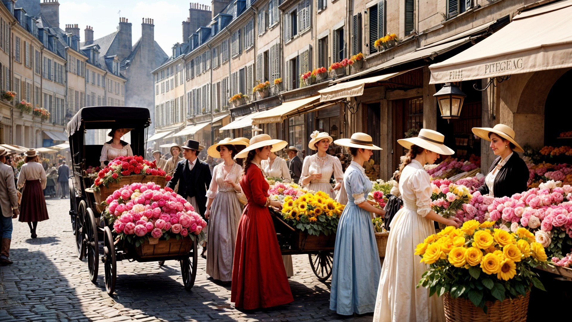 Historic Flower Market with Vintage Attire and Blooms