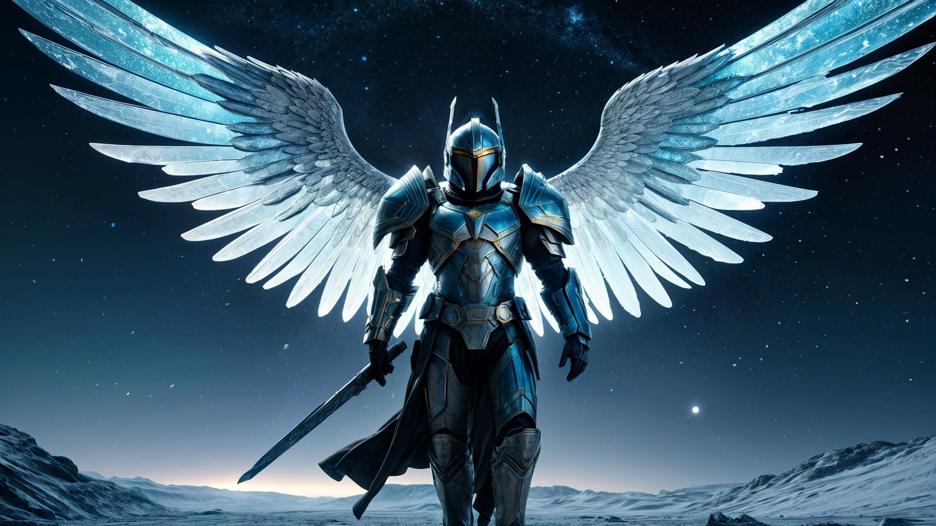 Armored Warrior with Ethereal Wings in Night Sky