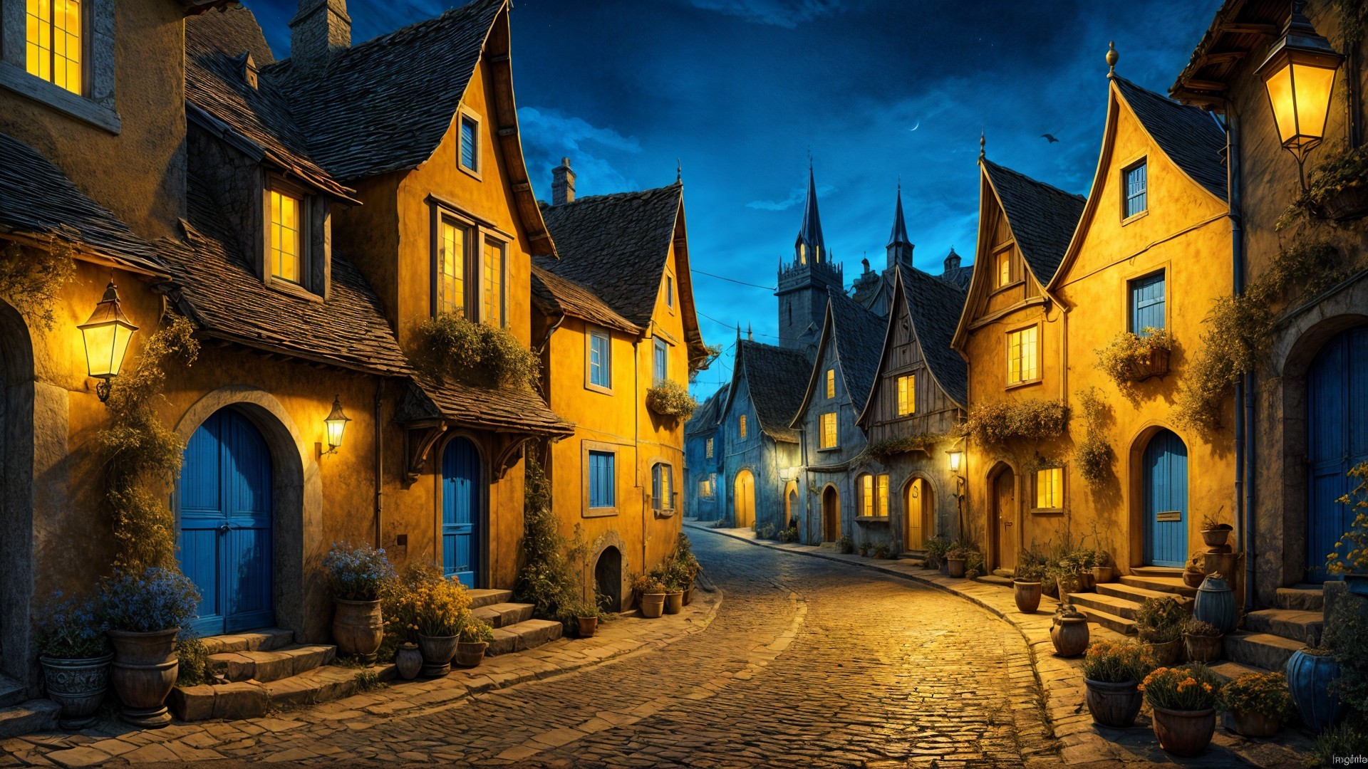 Medieval Village at Dusk with Lanterns and Spires