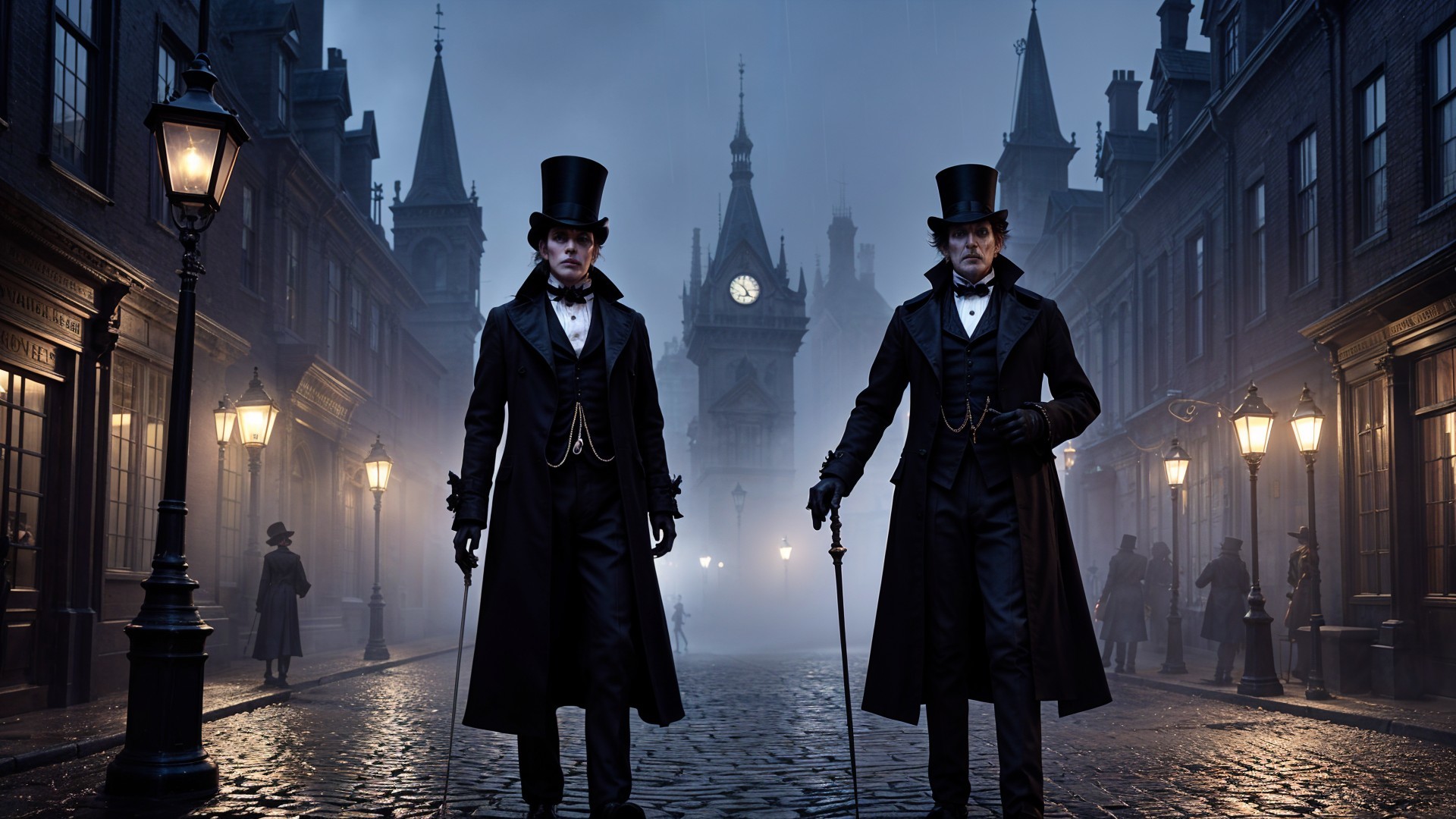 Victorian London Street Scene with Gas Lamps and Fog