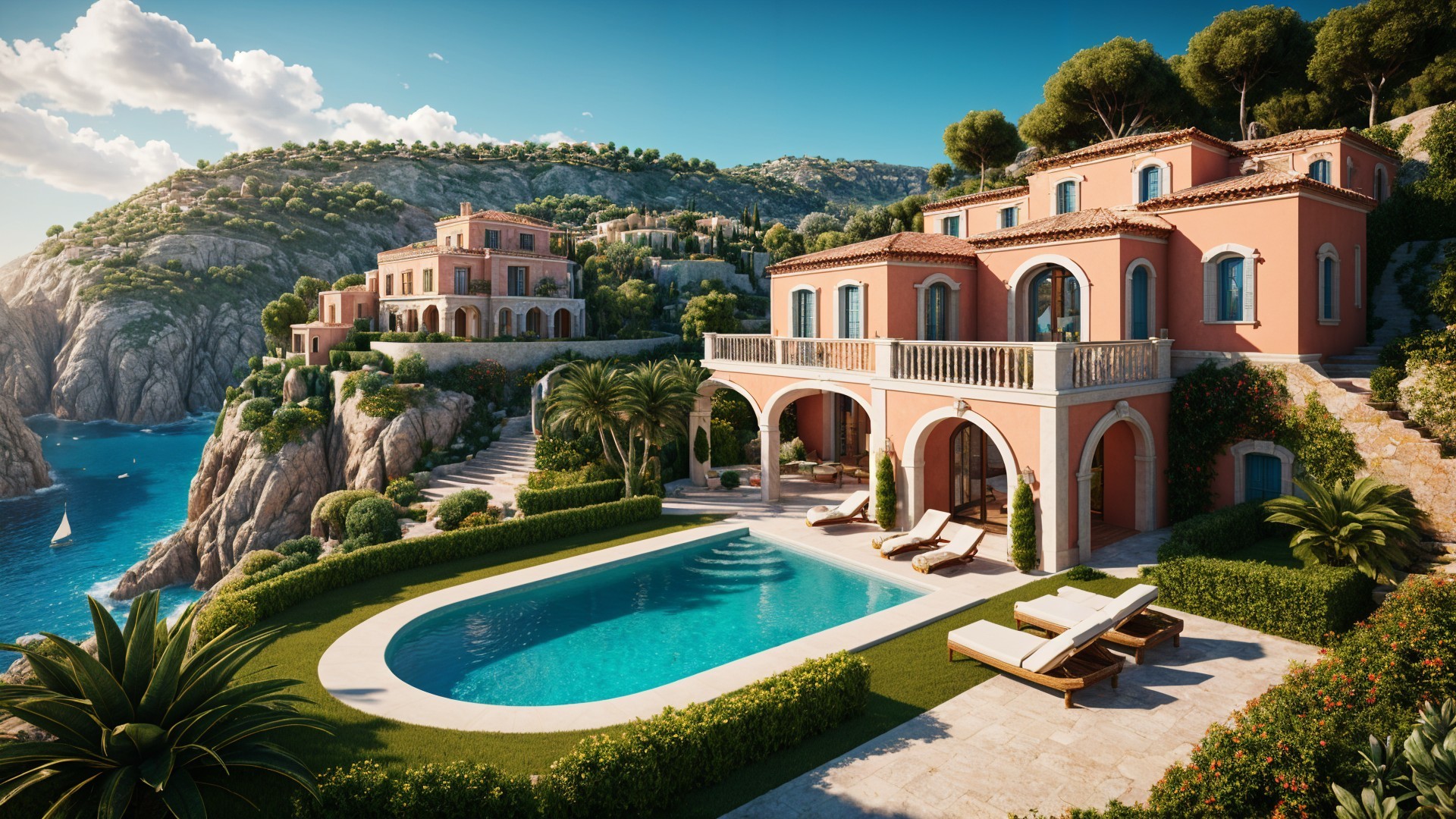 Seaside Villa with Pink Architecture and Ocean Views