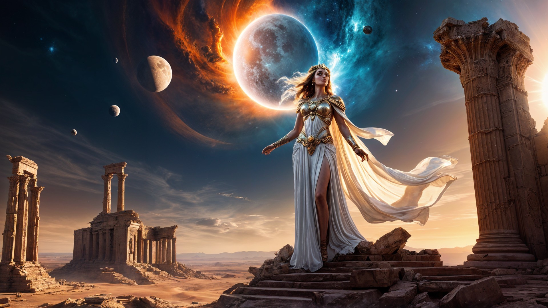 Regal Figure in Cosmic Landscape with Ancient Ruins