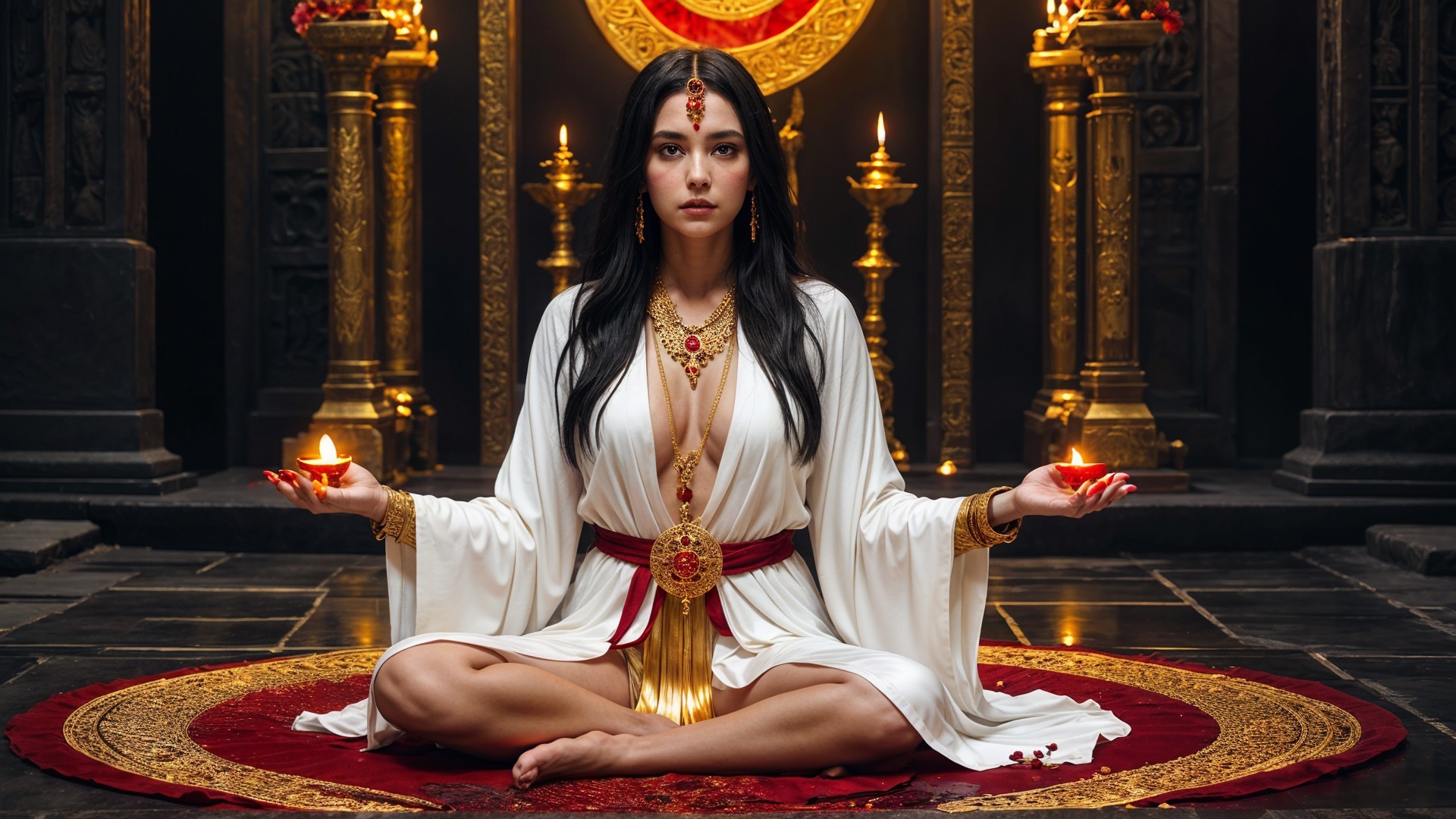 Serene figure in white robe on ornate rug with candles