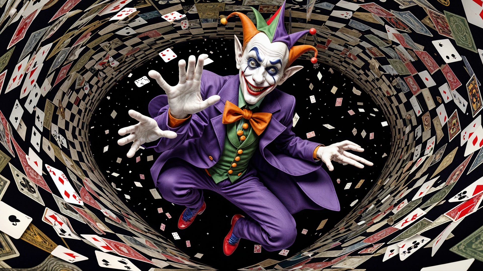 Whimsical Jester Surrounded by Swirling Playing Cards