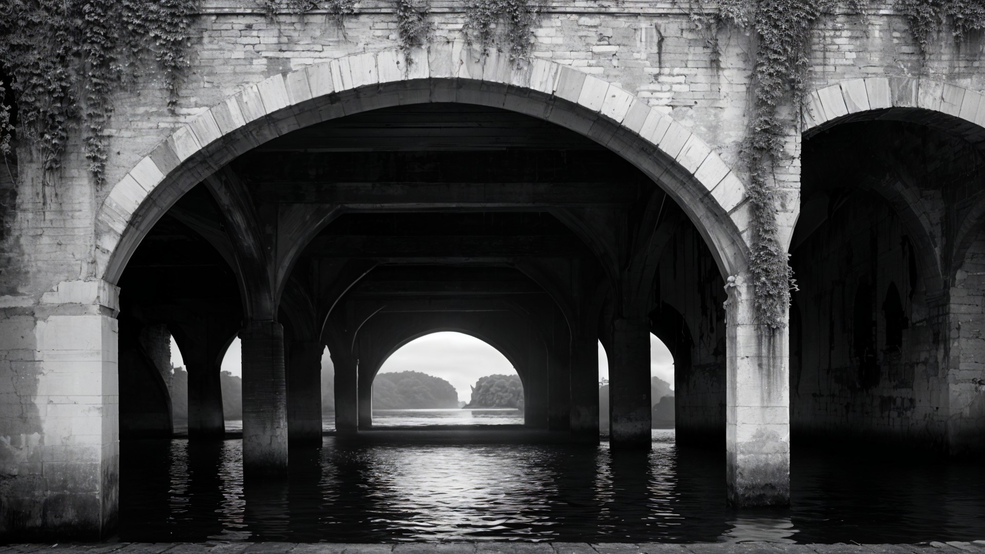 Elegant Stone Arches Under a Bridge with Water Reflection