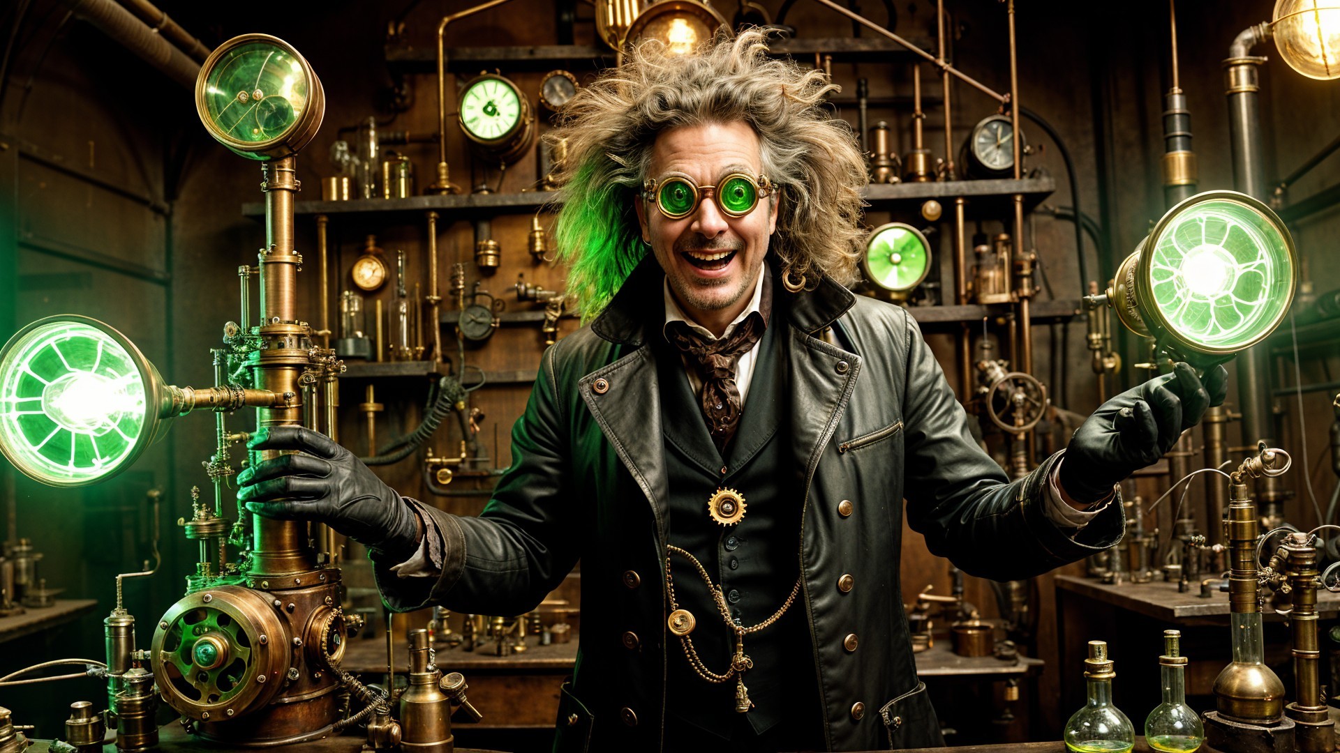 Steampunk Inventor in Quirky Laboratory Setting