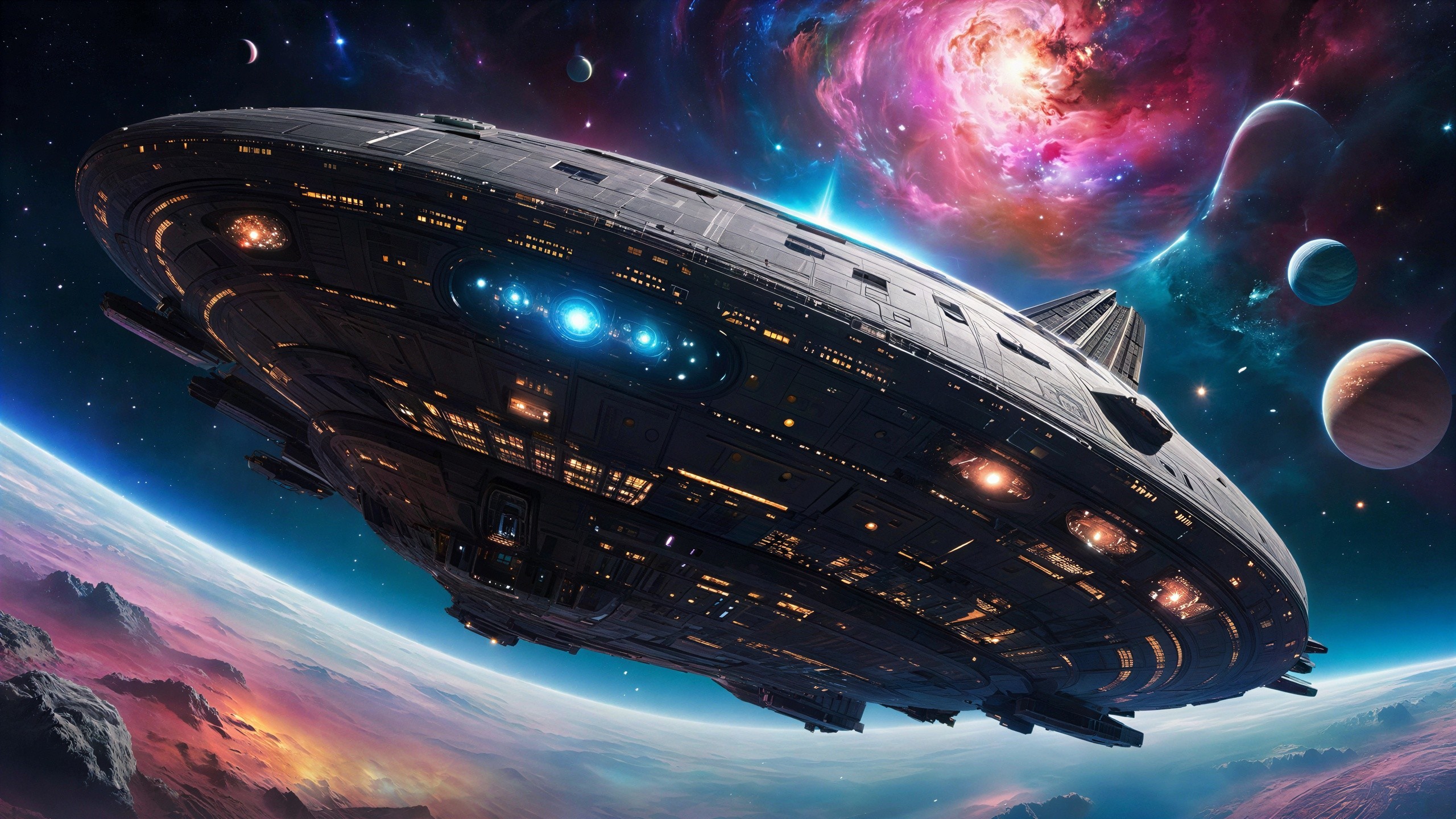 Futuristic Spaceship Orbiting an Alien Planet