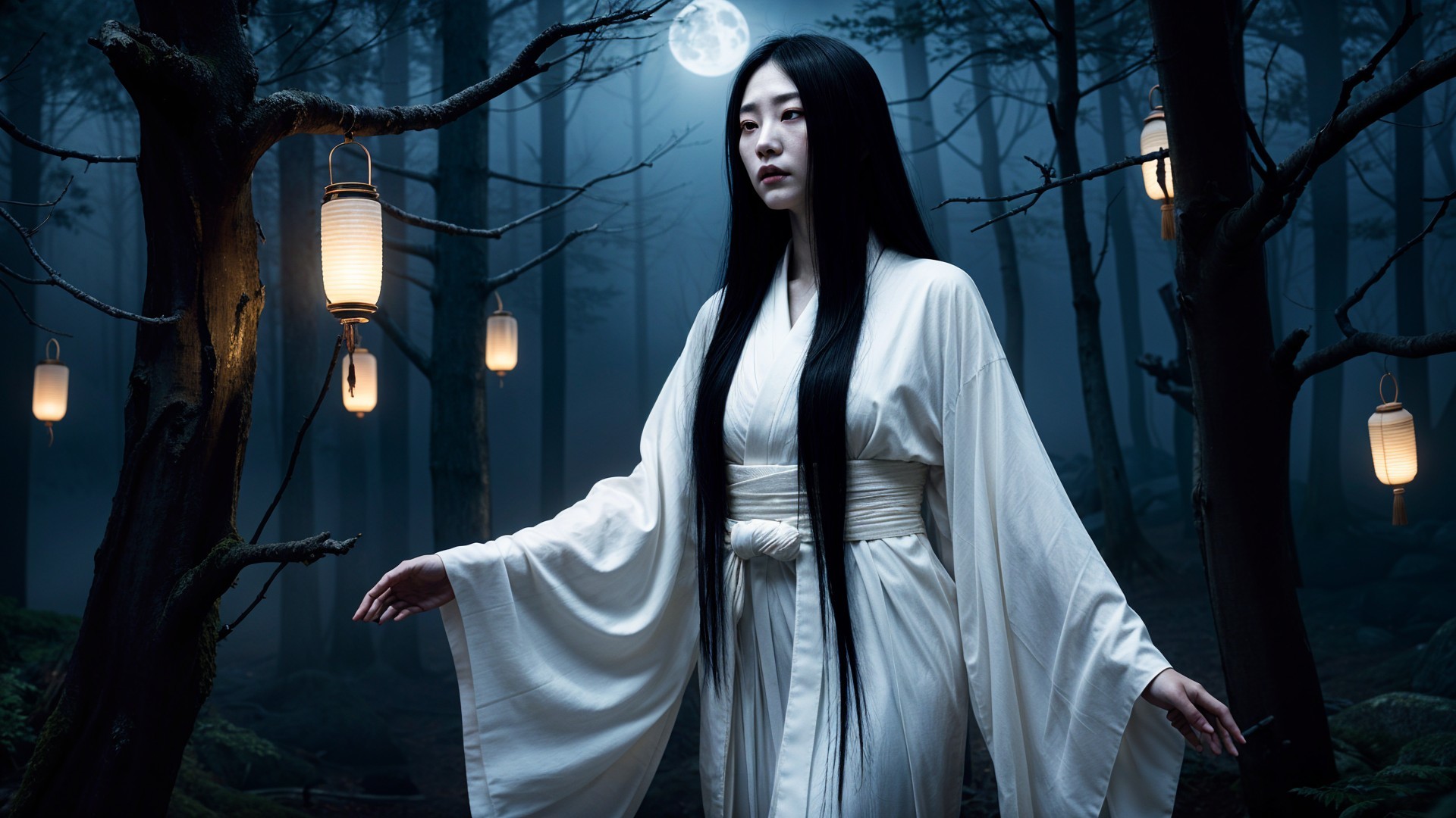 Mystical Forest Scene with Lanterns and Full Moon