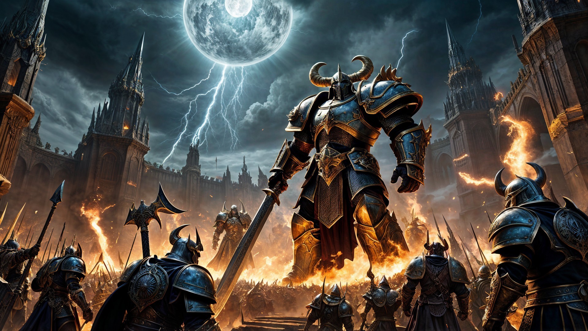 Colossal Armored Warrior on Stormy Battlefield Scene