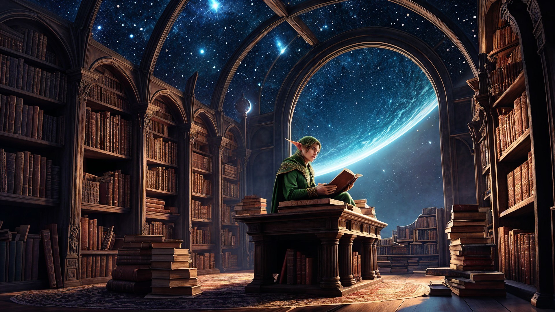 Mystical Library Scene with Celestial Backdrop
