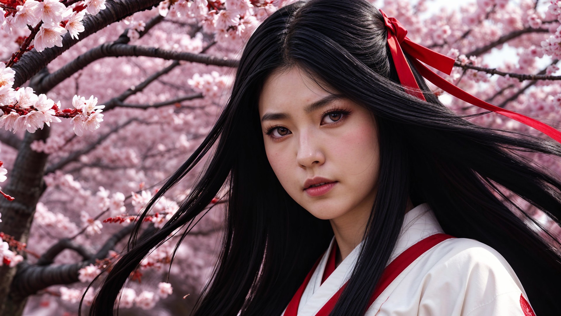 Young Woman Amidst Blooming Cherry Blossoms in Spring
