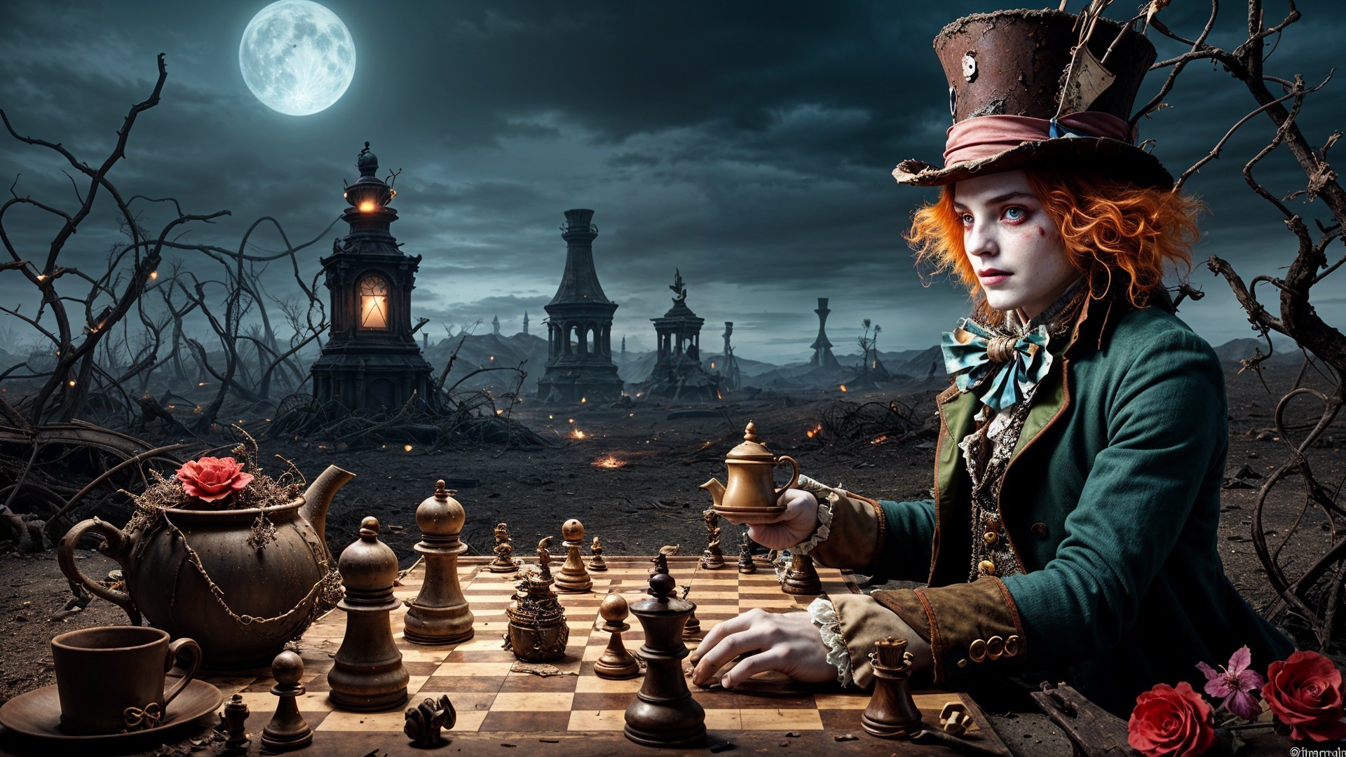 Surreal Moonlit Landscape with Chessboard and Whimsical Figure
