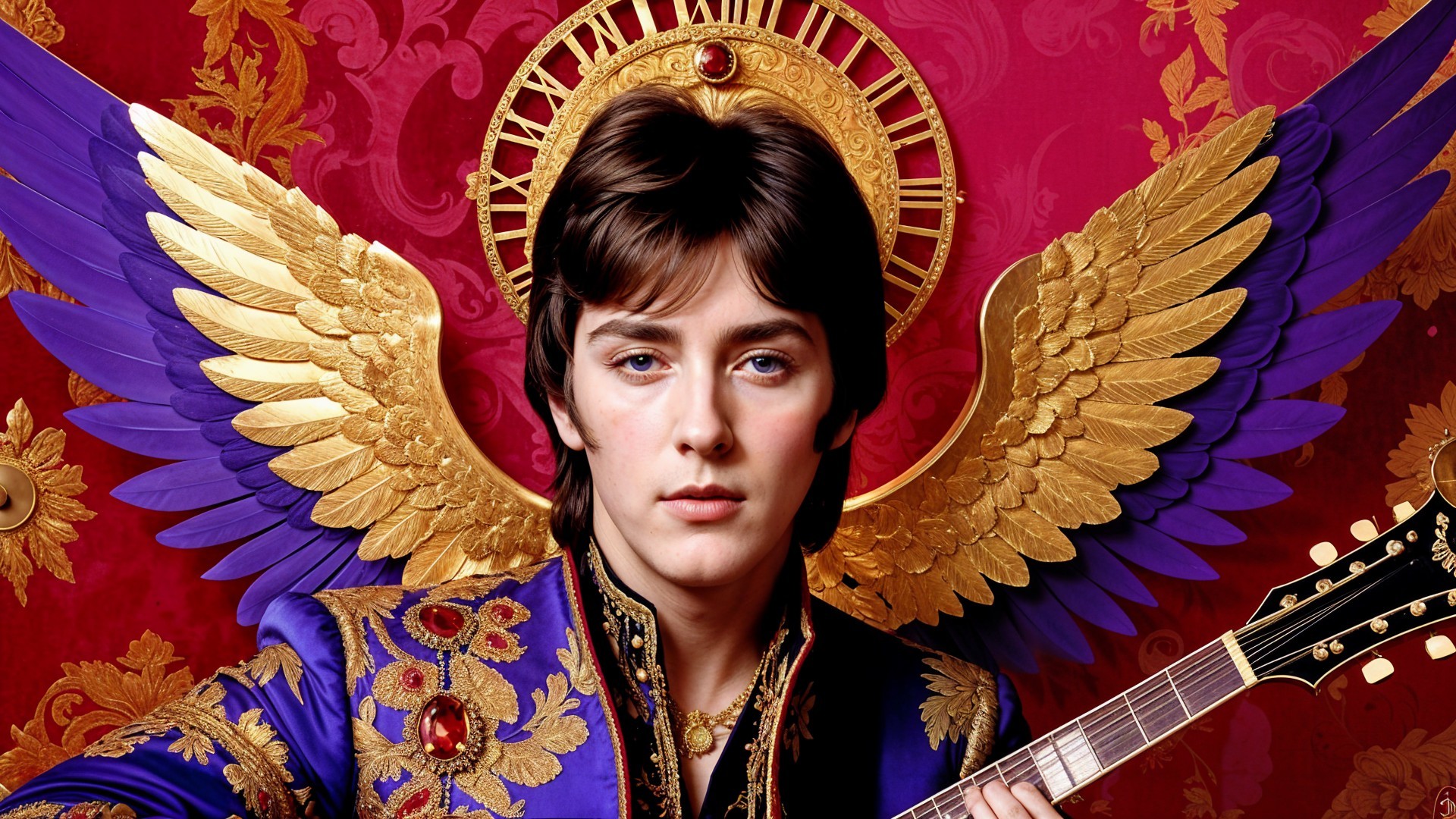 Young man in royal blue jacket with golden wings
