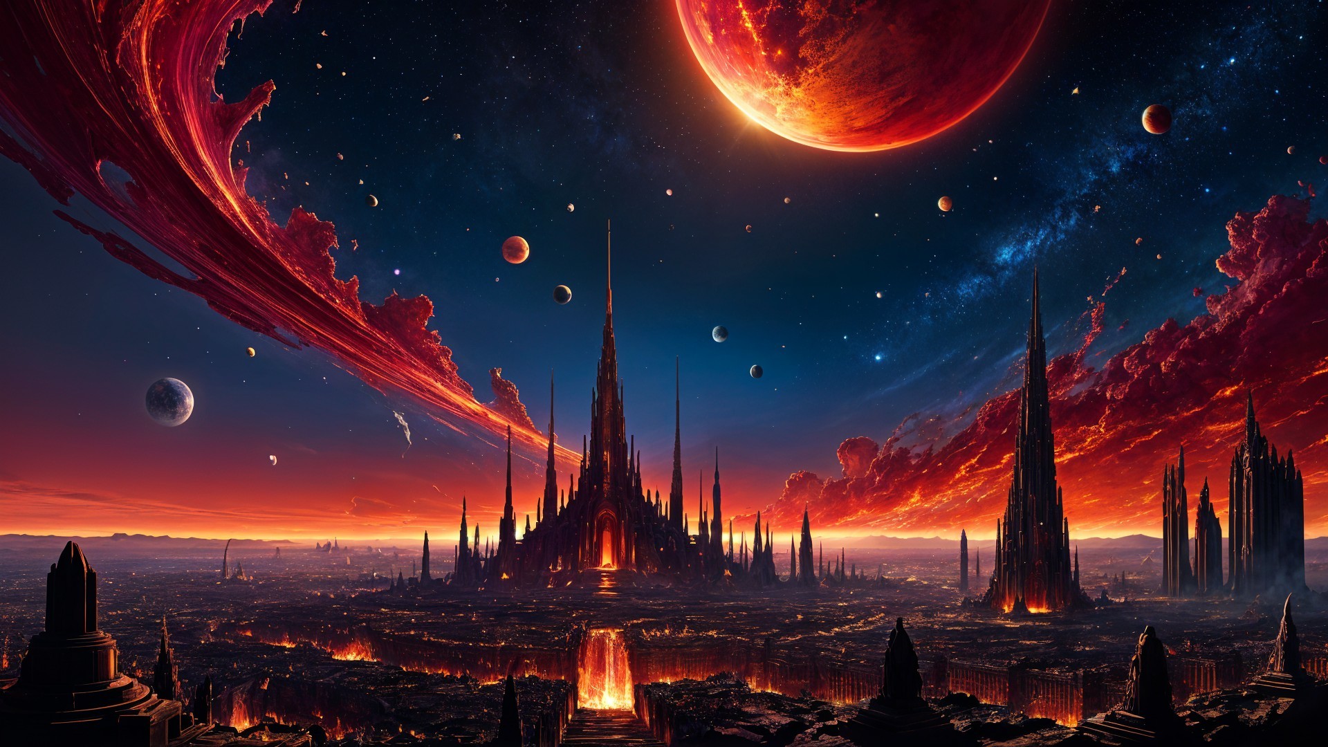 Cosmic Landscape with Futuristic City and Rings Planet