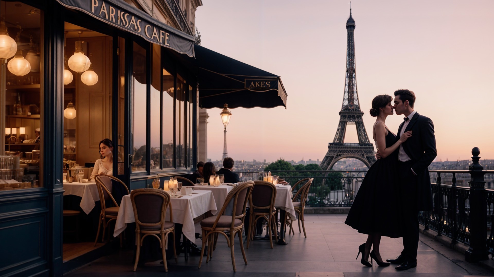 Romantic Parisian café scene with Eiffel Tower backdrop