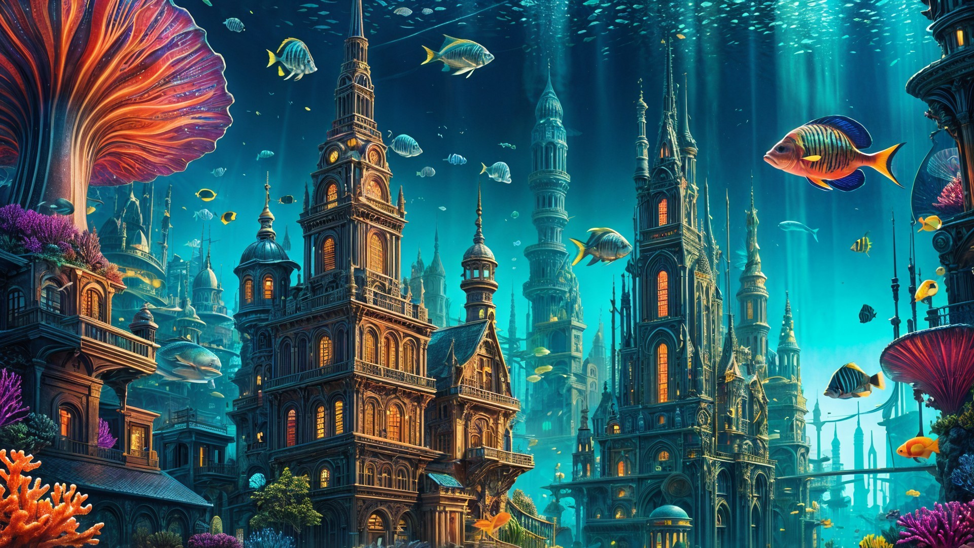 Underwater City with Gothic Architecture and Bioluminescence