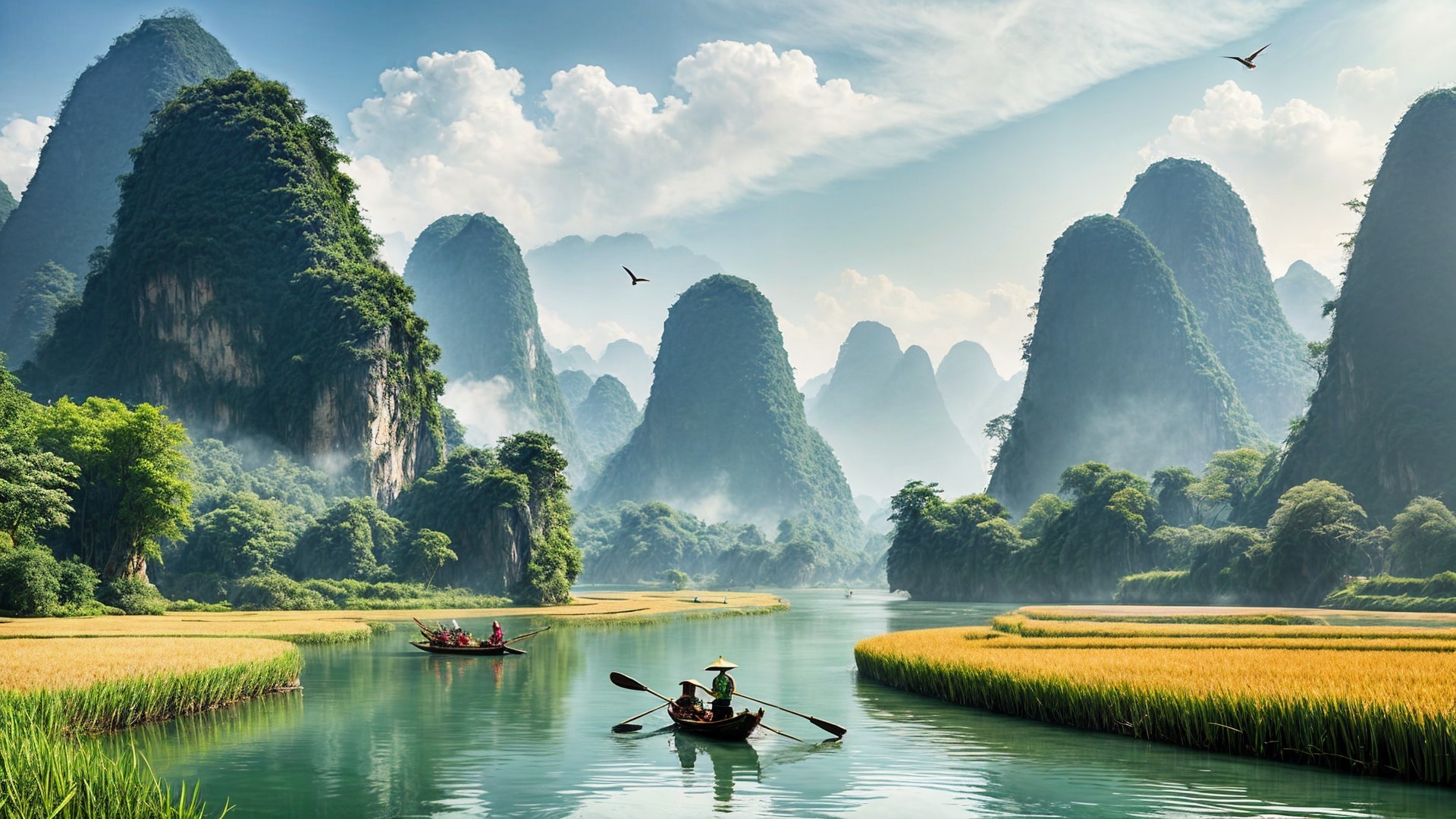 Tranquil River Landscape with Lush Greenery and Peaks