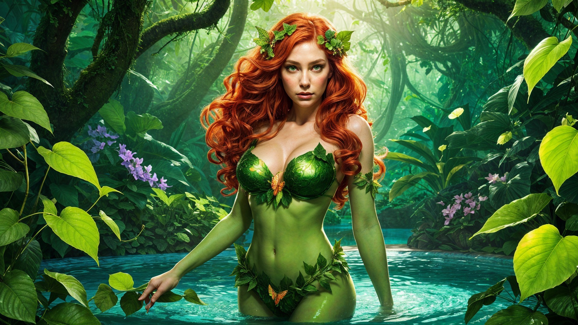 Tropical Figure with Red Hair in Lush Greenery