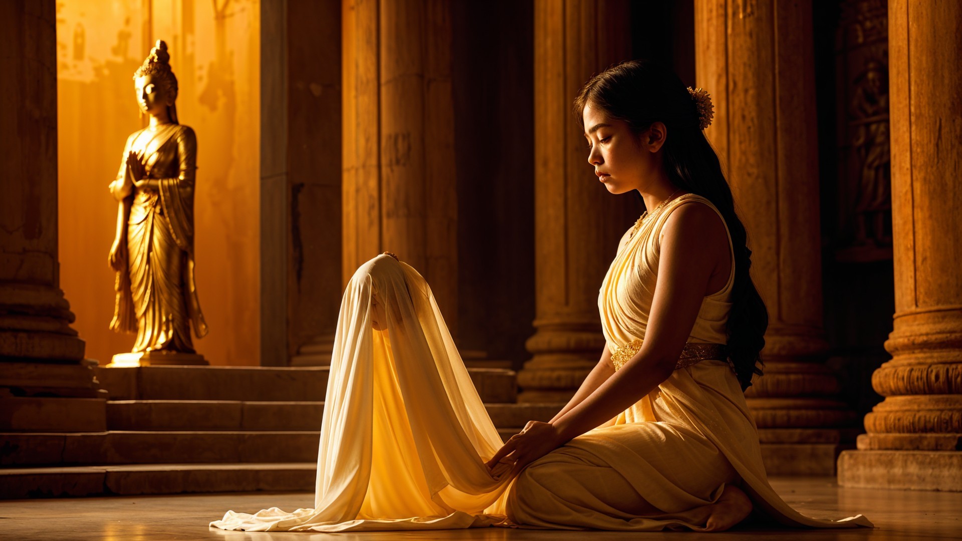 Young Woman in Yellow Gown at Ancient Temple Steps